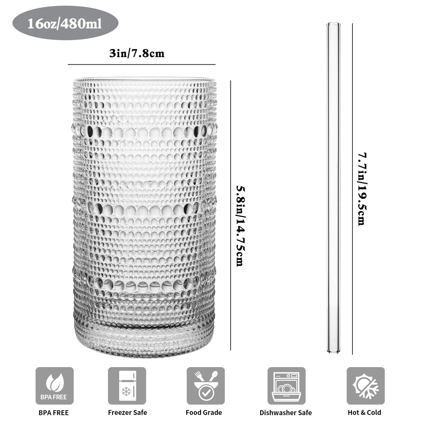 Dingerjar Upgraded Large Capacity 16 oz/480 ml Hobnail Glasses Drinking Set of 12 - Heavy Vintage Glassware