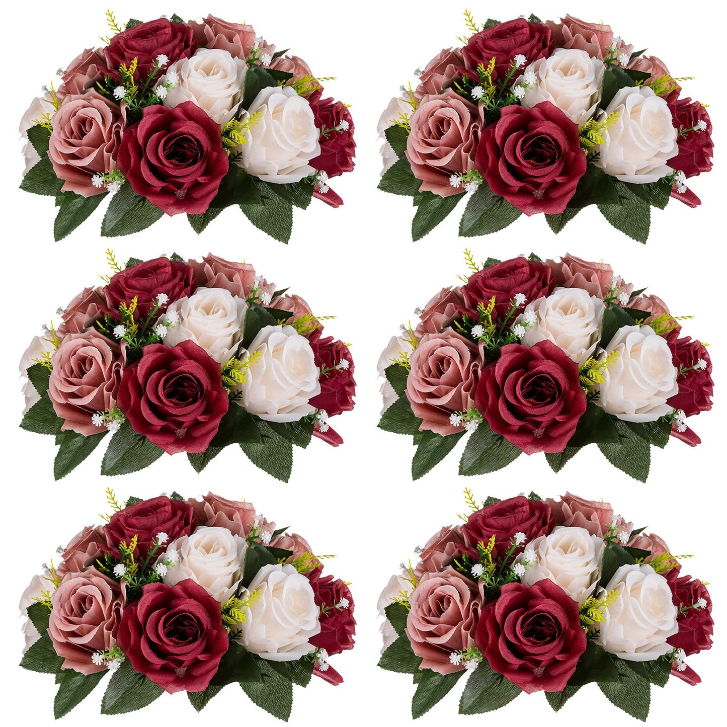 Nuptio Artificial Flower Centrepieces for Tables - 6 Pcs Burgundy & Dusty Rose & Creamy White Fake Flowers Roses Balls 9.5in Diam - Silk Faux Rose Arrangement for Wedding Party Centerpiece Table Decor