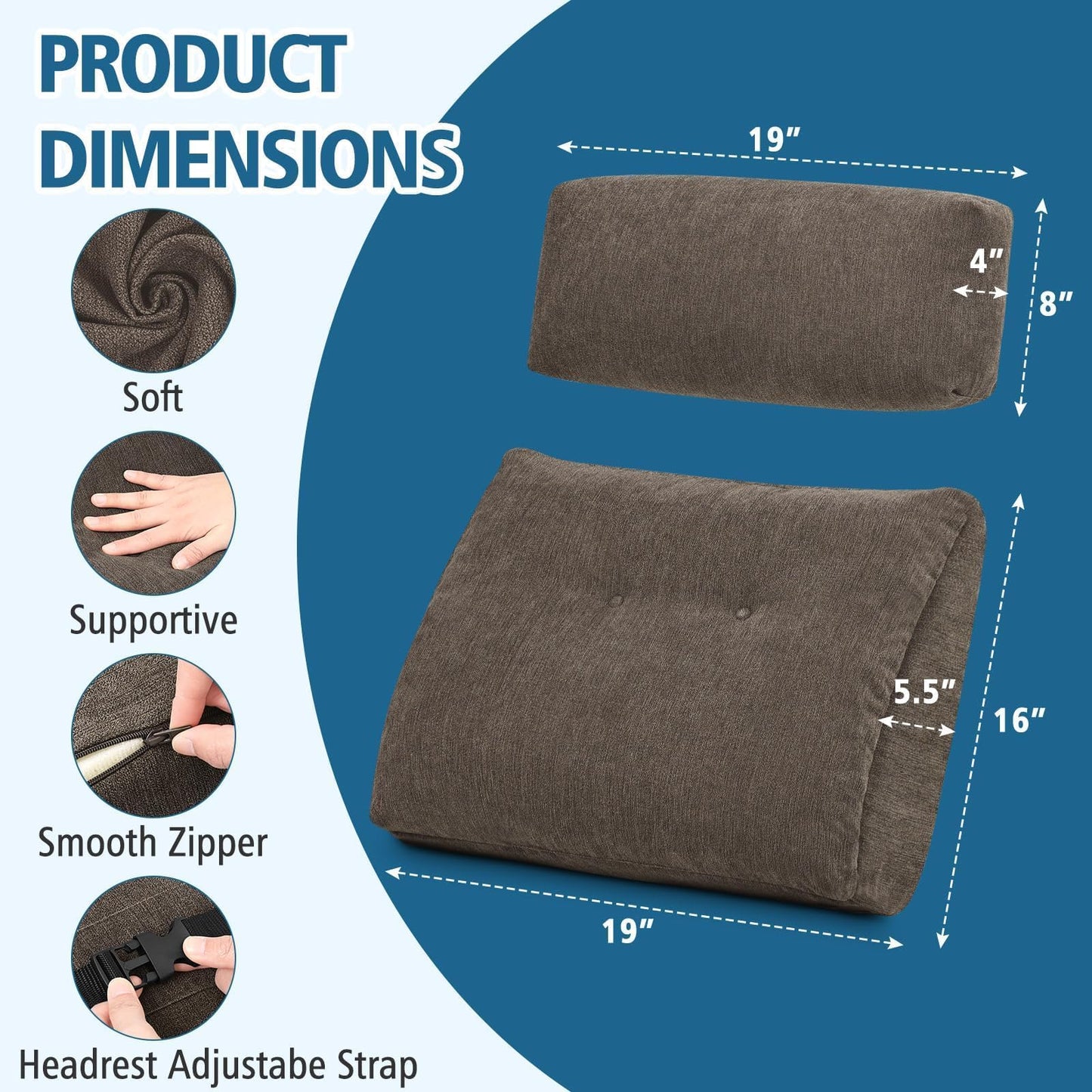 TANYOO Lumbar Support Pillow for Recliner Chair with Headrest, Dual-Layer Large Back Pillow for Deep Couch & Sofa, Memory Foam Lower Back Support Cushion Set for Sciatica Relief Brown