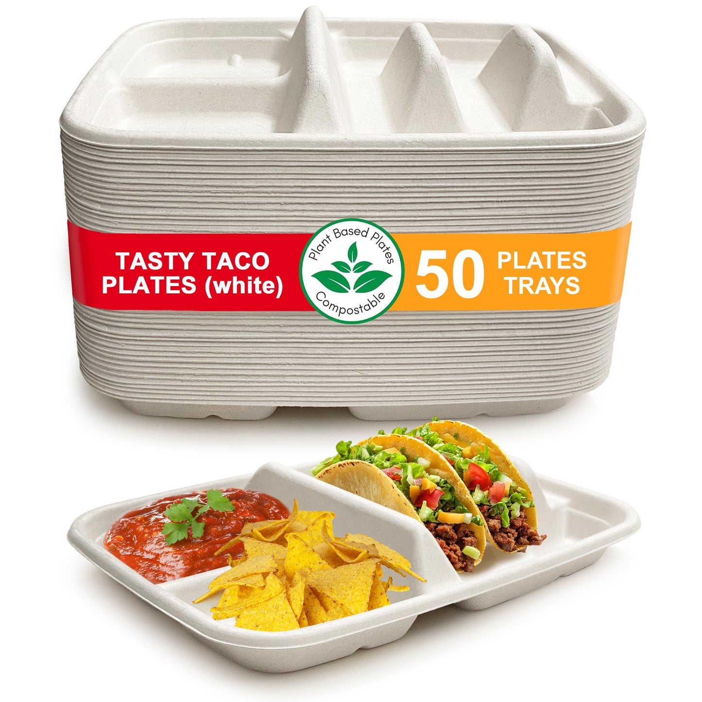 White Disposable Taco Plates for 2 Tacos & 2 Sides – 50 PACK | Premium Paper Plates with Dividers, Fiesta Taco Holder, Taco Stand for Taco Tuesday & Taco Bar Serving Set (White, 50 plates)
