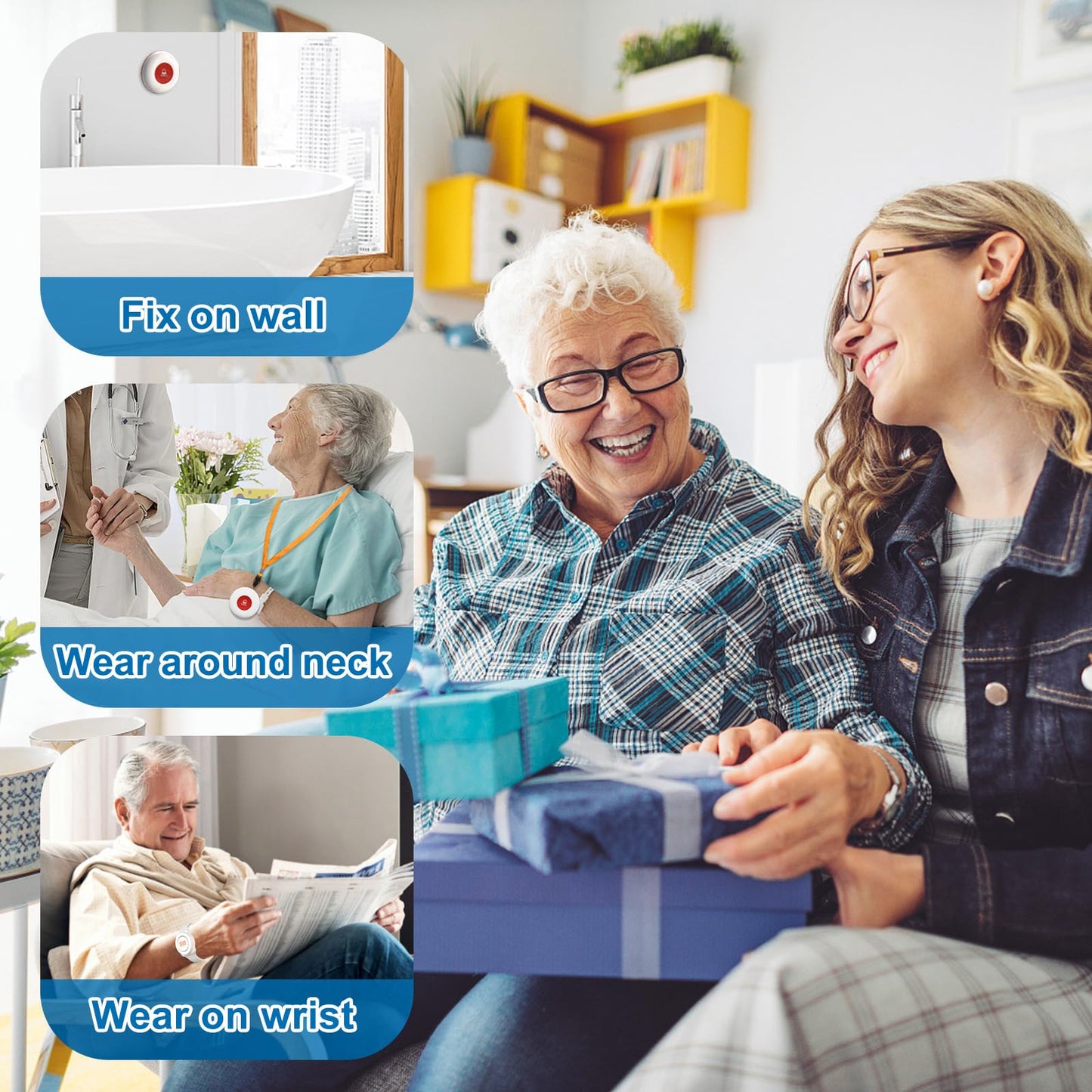 Daytech Wireless Wrist Pager Caregiver Call Button in Home System Watch Alarm Nurse Personal Help Alert for Patients Elderly 1 Watch Call Button 2 plugin Receiver