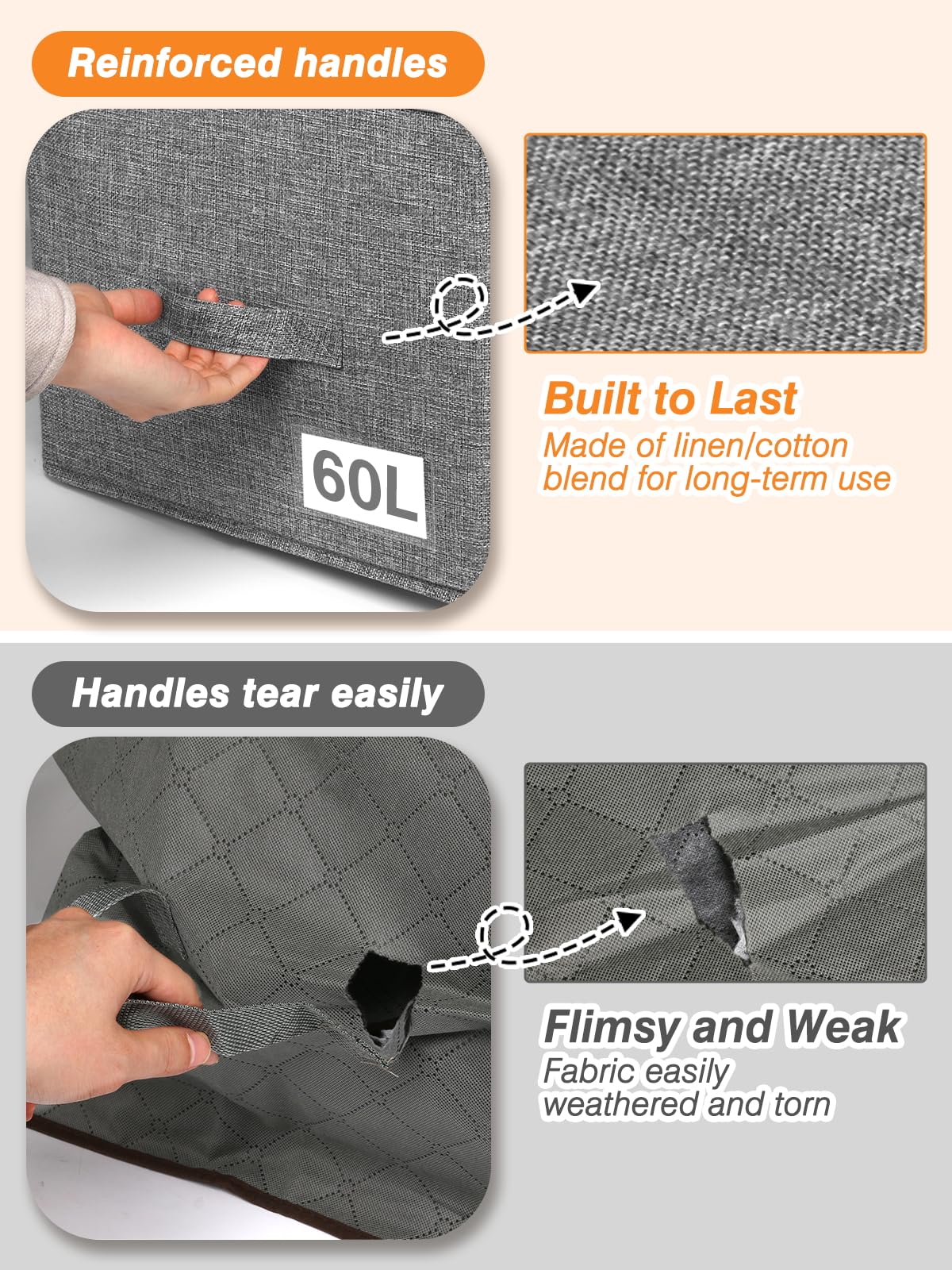 boailydi 60L Blanket/Comforter Storage Bag w/Rigid Side & Bottom Support, Stackable Clothes Storage Bin for Sweaters Bedding Sets Quilts Pillows, Closet Organizer, 21.7x14.2x11.8in, 2 Pack, Gray