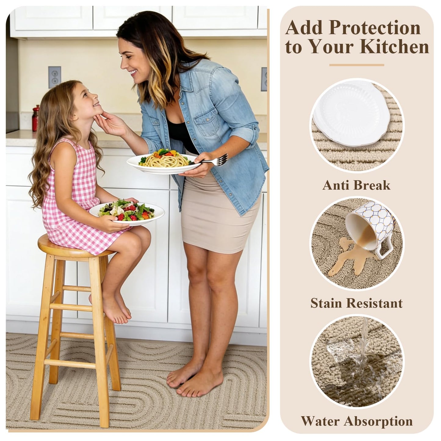 U'Artlines Kitchen Rugs and Mats Set of 3, Non Skid Washable Beige Geometric Kitchen Mats for Floor, Absorbent and Stain Resistant Floor Mat for Laundry, Sink Decor 20x32+20x48+20x59