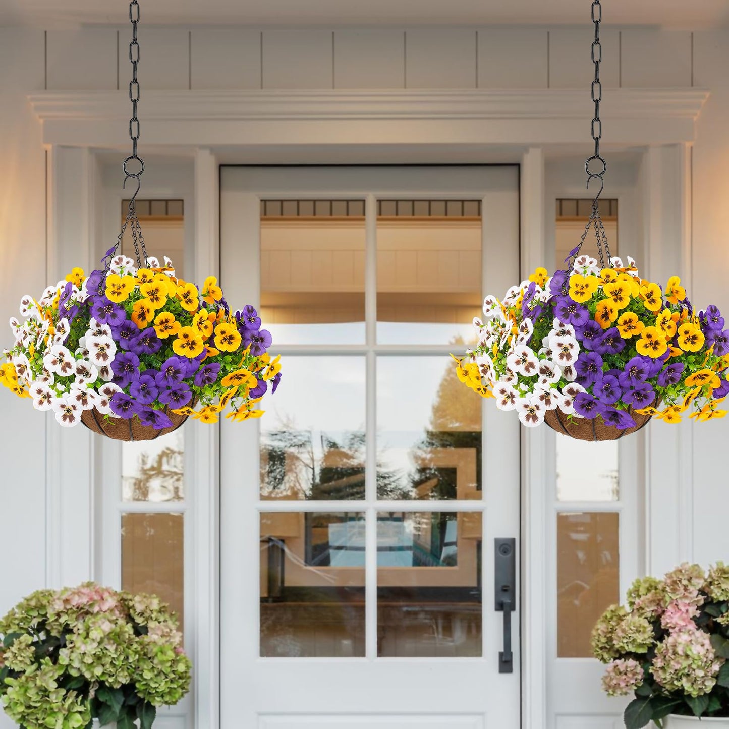 lovemoon 2 Sets Artificial Hanging Pansy Flowers with Baskets, 24 Pcs UV Resistant Faux Silk Pansy Outdoor Hanging Flower for Porch Patio Garden Home Spring Decor (2, White,Yellow,Purple)