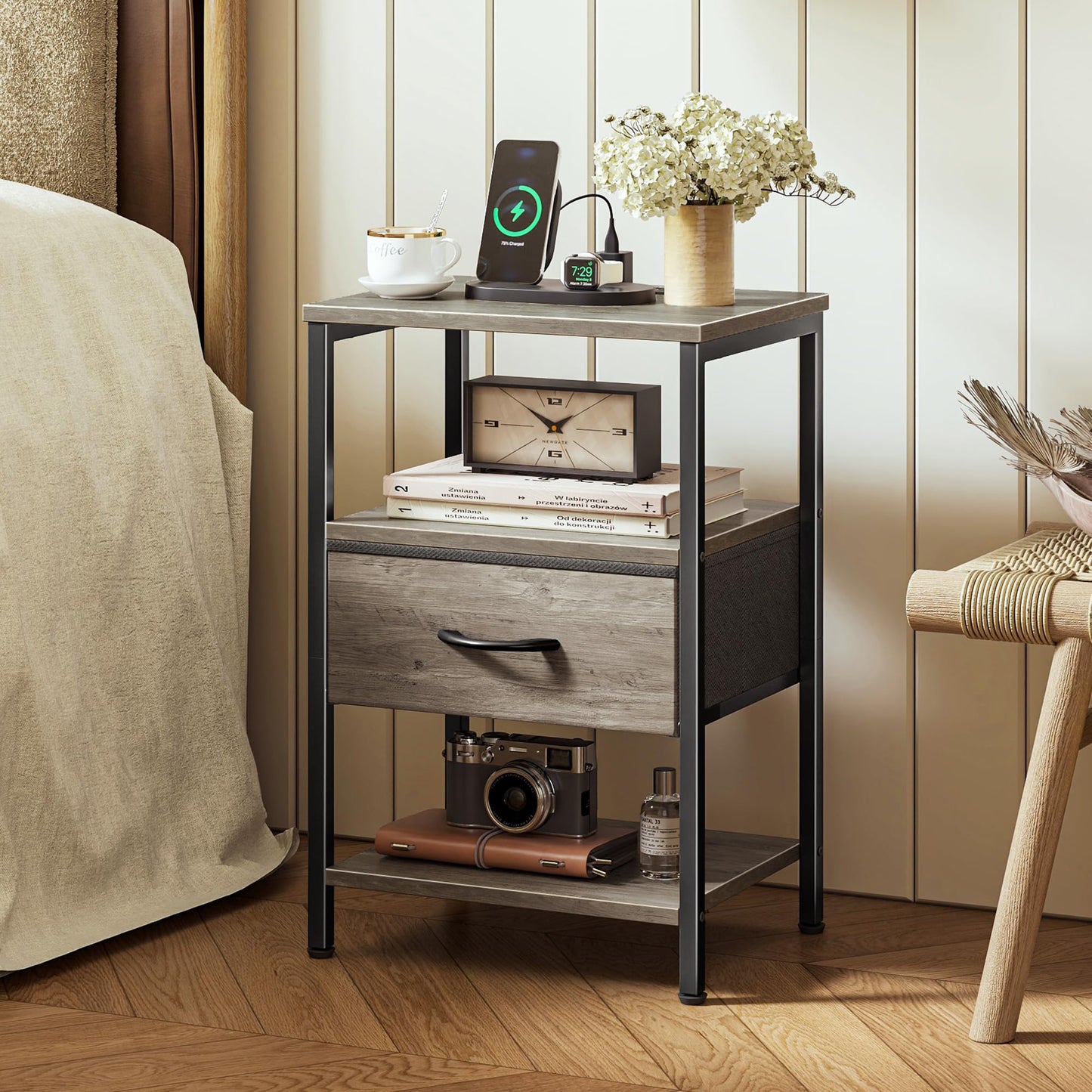 SUPERJARE Nightstand with Charging Station, Bed Side Table with Adjustable Fabric Drawer, Night Stand for Bedroom, 3-Tier Storage End Table, for Living Room, Oak