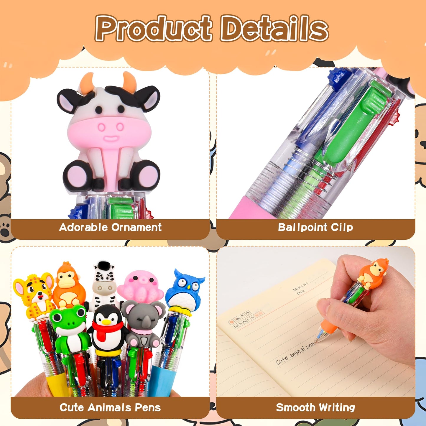 LiYiQ 100 Pcs Animals Multicolor Pen in One Cartoon Cute Fun 4-in-1 Cute Pens Bulk Kawaii Bear Cow Cat Elephant Tiger Lion Rabbit Monkey and Frog Shapes Cool Ballpoint Pens for Fun Gifts