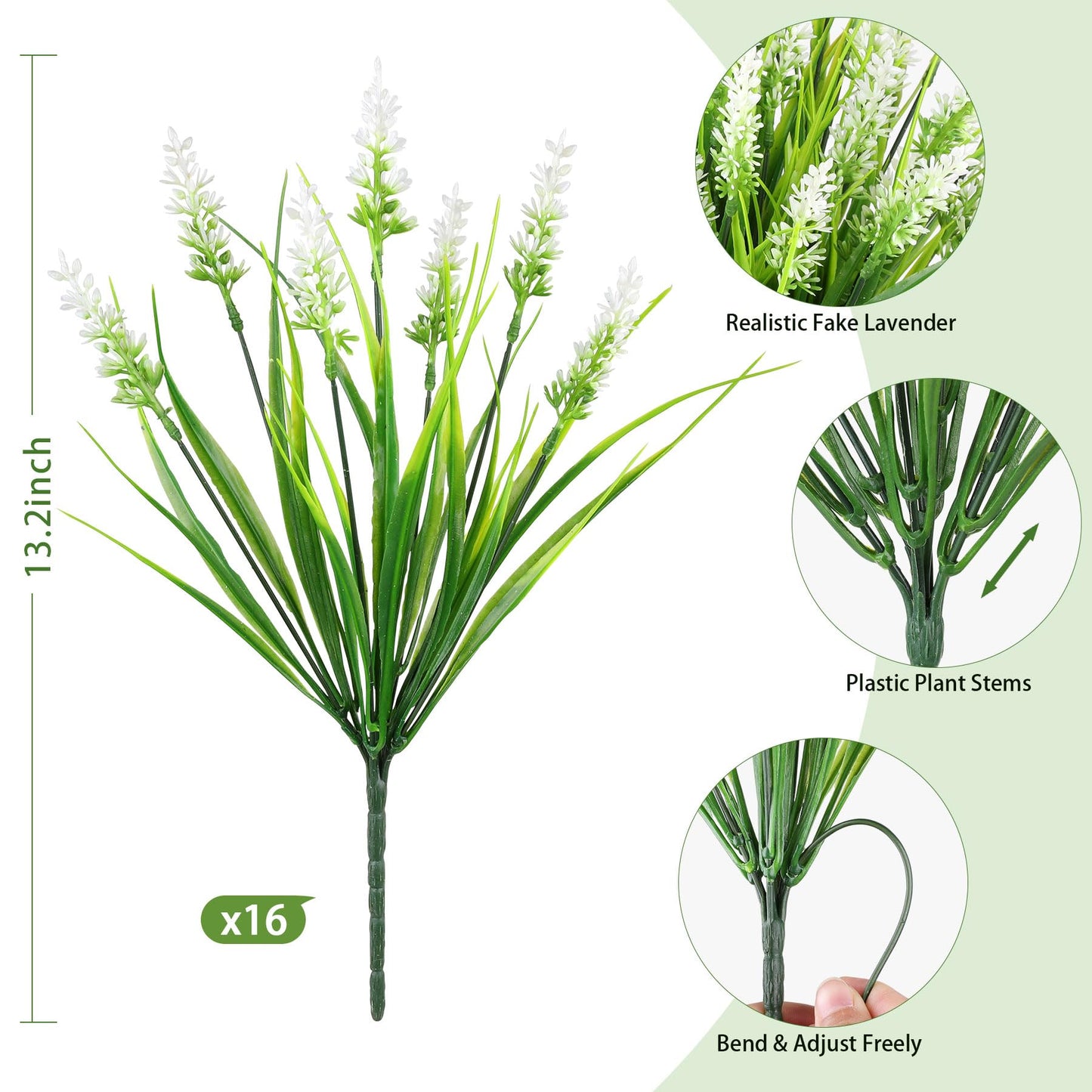 AmberFun 16 Bundles Artificial Plants Outdoor, UV Resistant Fake Lavender & Monkey Grass, Realistic Plastic Faux Plants for Balcony, Patio, Porch Greenery Decor, Planter Filler(White)
