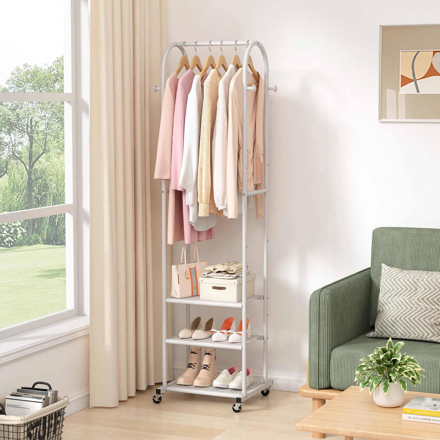 Kaitiemoo Heavy Duty Clothing Rack with Wheels,Modern Garment Rack with 3 Metal Shelves, 71.8Inches Display Rack for Hanging Clothes, Hanging Rod for Small Spaces,White