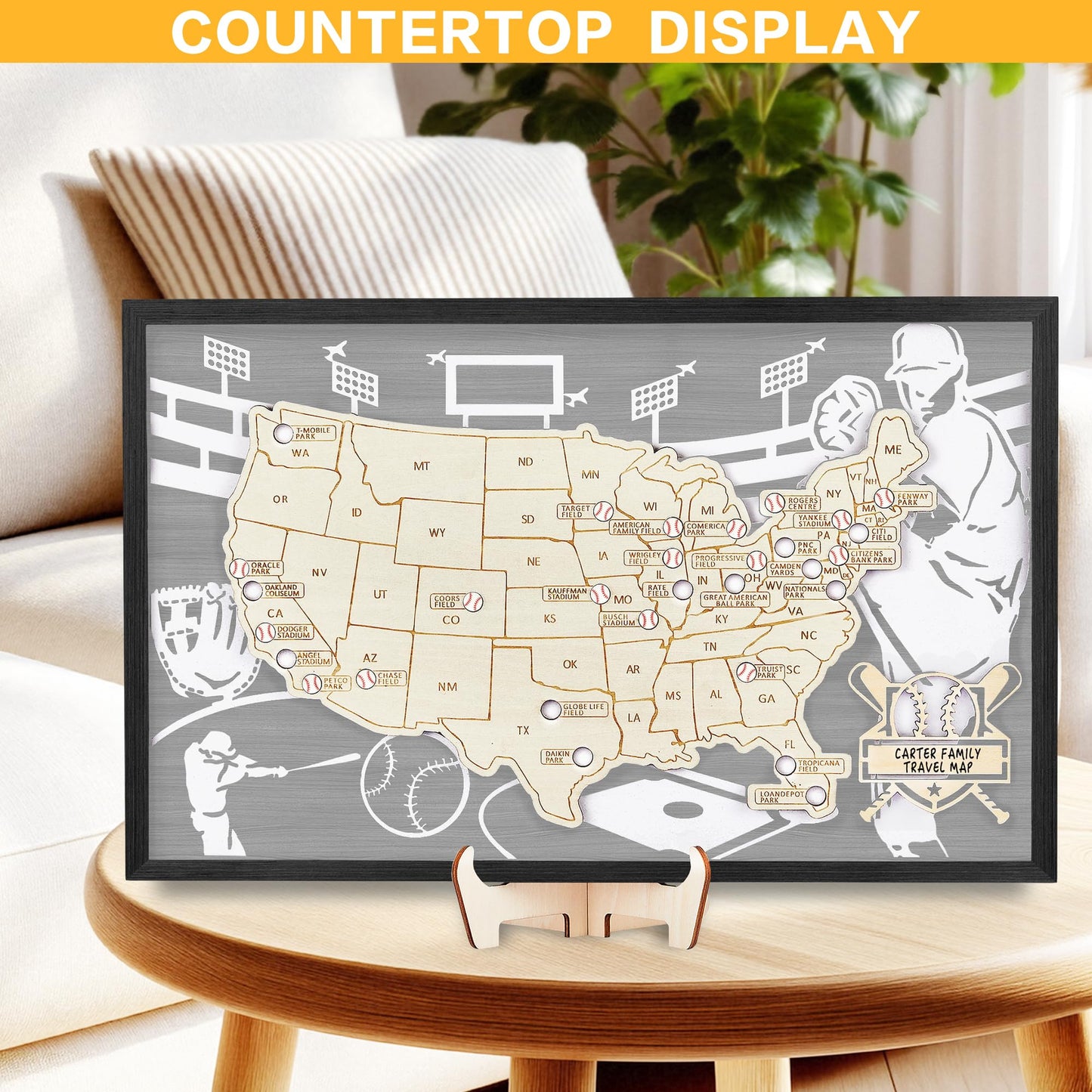 Baseball Stadium Map,USA Travel Map with Pins,Baseball Decor,Sports Memorabilia US Ballparks Travel Tracker,United States Maps for Wall,Baseballs Gift for Men Boys MLB Fans Baseballism (Gray)