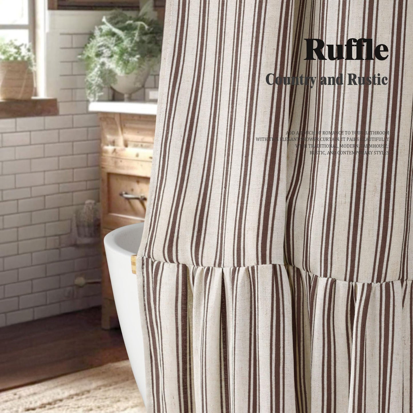 XOGUIBO Farmhouse Shower Curtain with Ruffle Hem Linen Shower Curtains for Bathroom Country Vintage Rustic Natural Fabric, Cream-Brown Stripe 72" W x 84" L