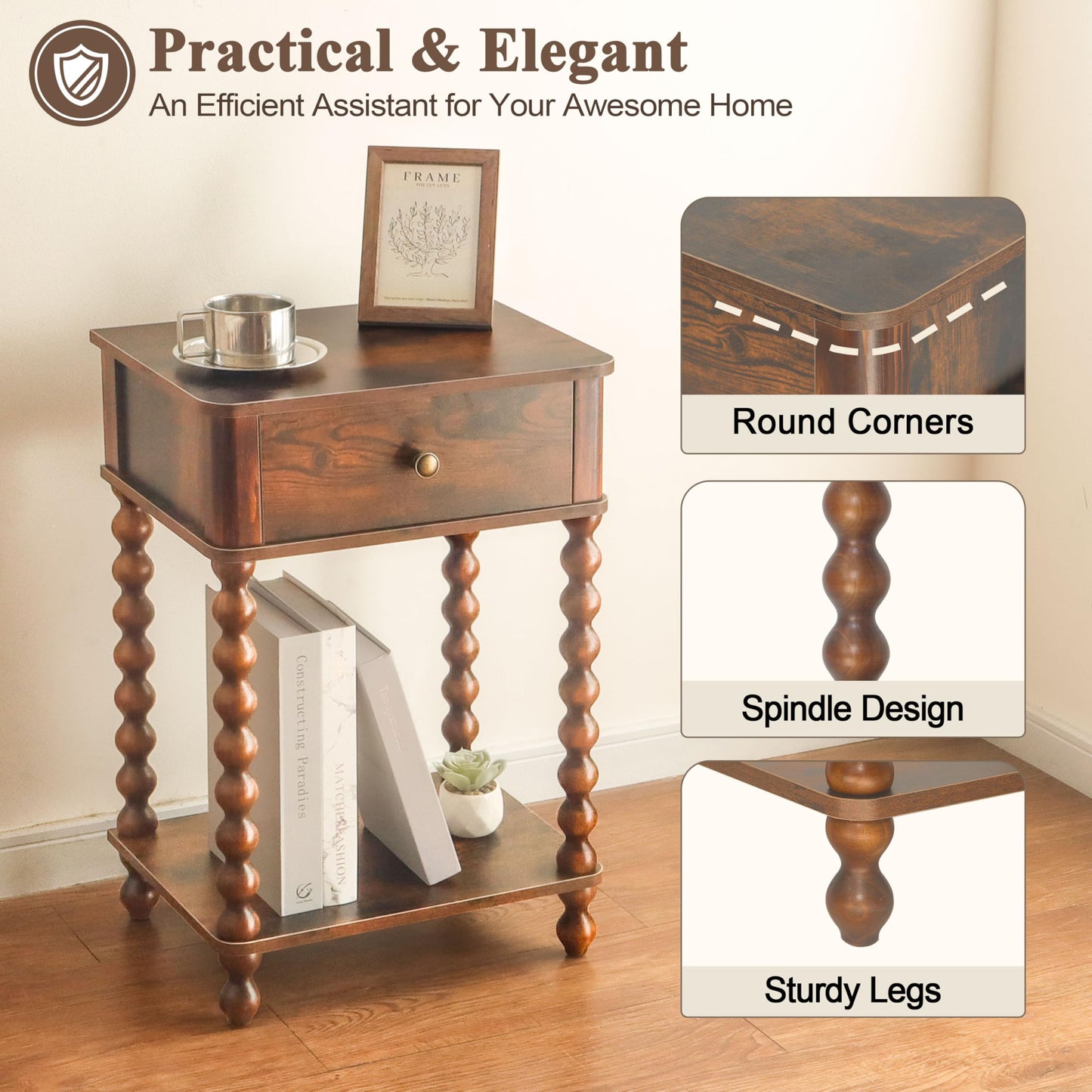 AWASEN Nightstand, Mid Century Modern Night Stand with Drawer for Living Room, Modern Bedside End Table with Spindle Wood Legs for Bedroom, Office, Rustic Brown