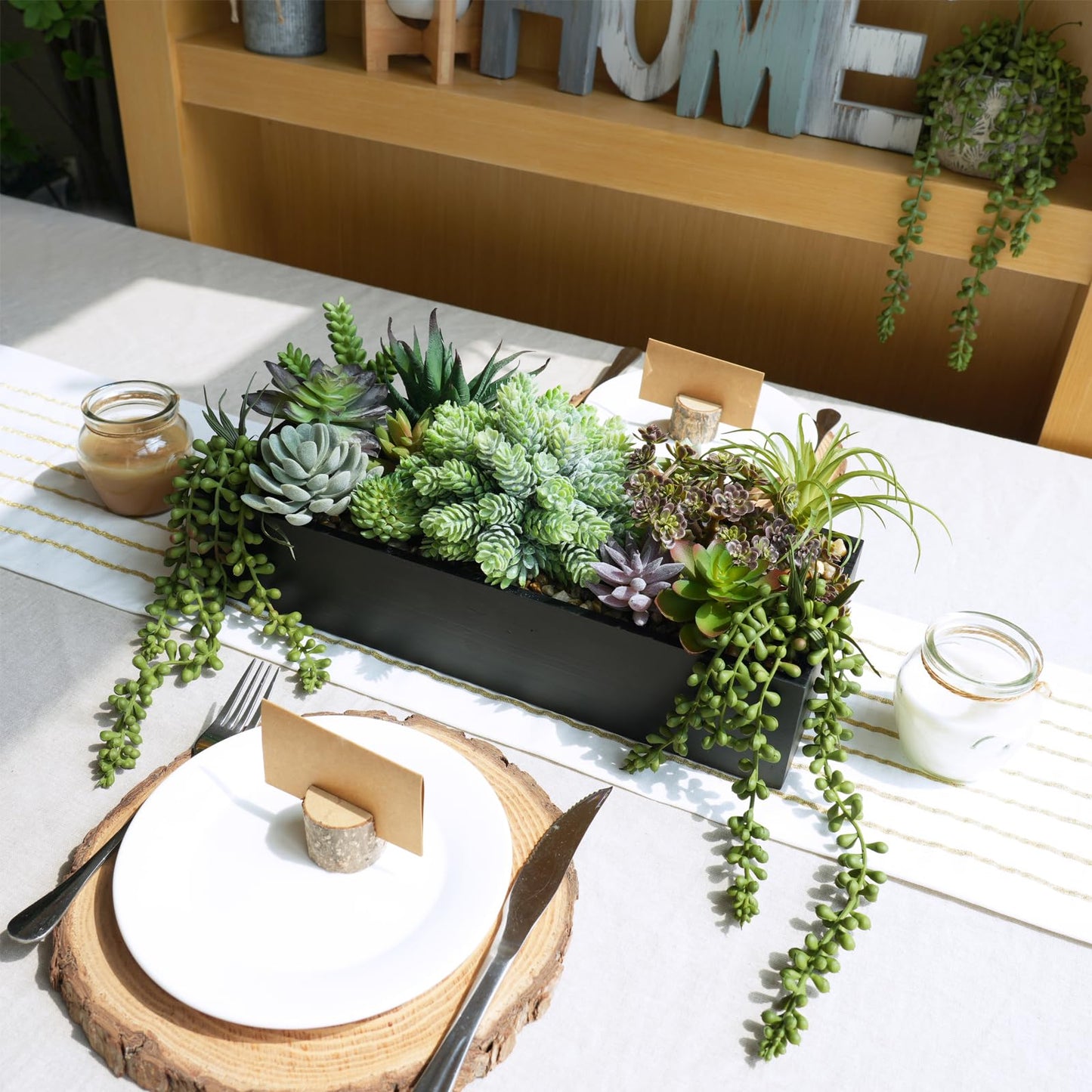 Winlyn 15" Artificial Succulents Arrangement Faux Succulents in Rectangular Black Wooden Planter Box Faux Potted Succulents Plant Garden for Gifts Home Table Centerpiece Mantel Greenery Décor