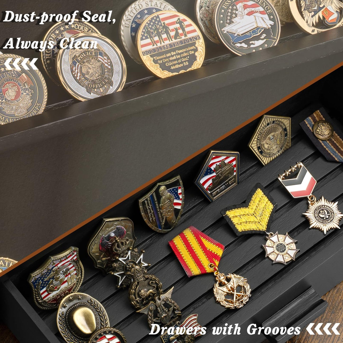 Yoimori Challenge Coin Display Case, 13 Rows Solid Wood Military Coin Holder Display Stand, Holds up to 100 Coins or Medals, Clear Acrylic Cover with Drawer for Collectors (Black)