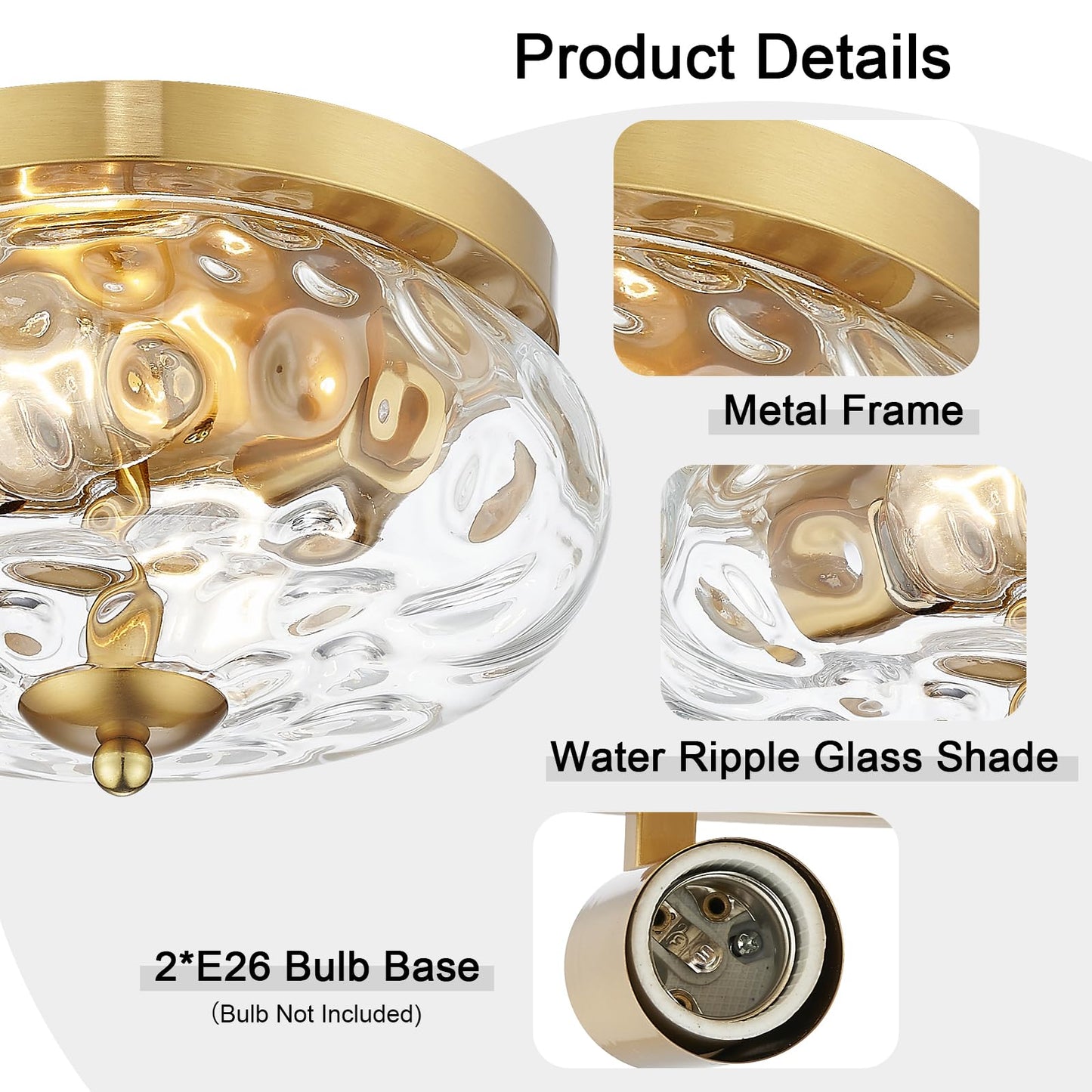 Darkaway Ceiling Light Fixtures Flush Mount Indoor Outdoor Ceiling Light with Water Ripple Glass Shade for Hallway Kitchen Bedroom Porch Living Room Gold Finish