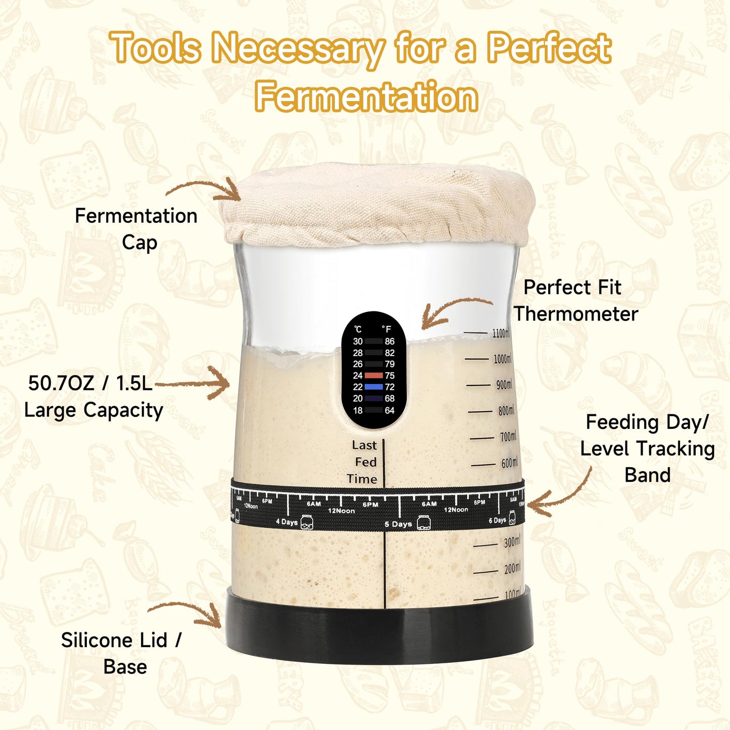 Coco Bird Pro Sourdough Starter Kit- 50oz Large Capacity Sourdough Starter Jar, 17 Flavorful Fermentation Recipes, Sourdough Bread Baking Supplies for Making Delicious Sourdough Breads(1PCS)