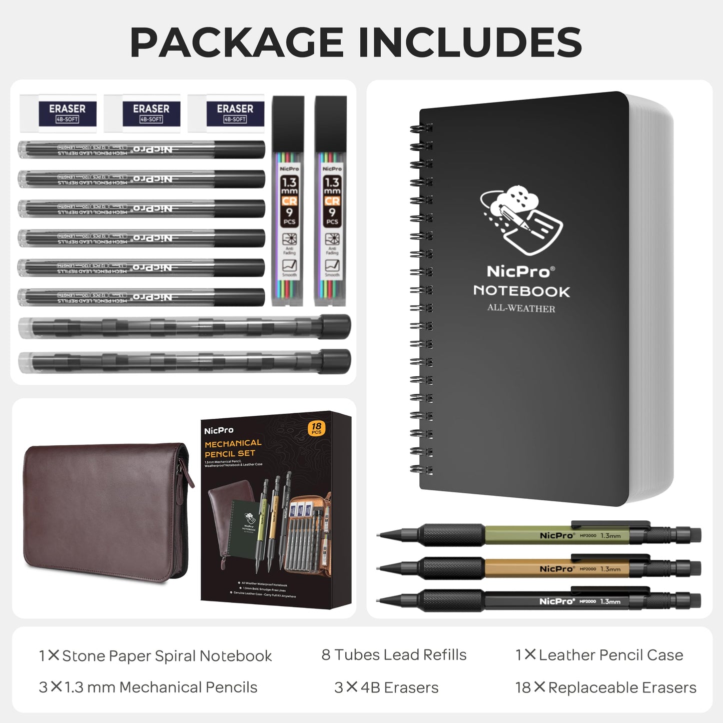 Nicpro 1.3mm Mechanical Pencil Set in Leather Bag with Waterproof Field Notebooks, 3PCS Metal Heavy Duty Carpenter Pencil with Lead Refill & Eraser for Outdoor Journal Travel Drafting Drawing