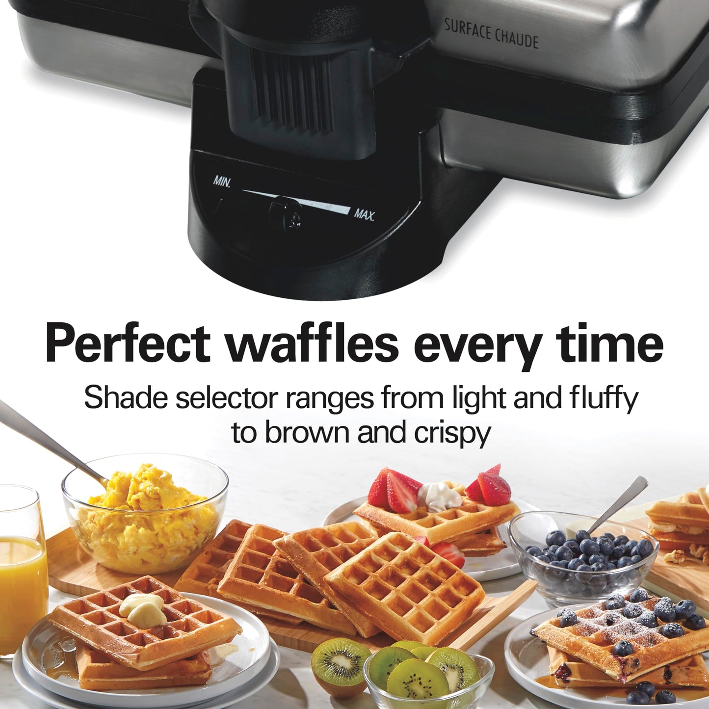 Hamilton Beach Belgian Mini Waffle Maker with Shade Control, Makes 2 at Once, Create Personalized Keto Chaffles and Hash Browns, PFAS-Free Non-Stick Plates, Compact Design, Stainless Steel (26009)