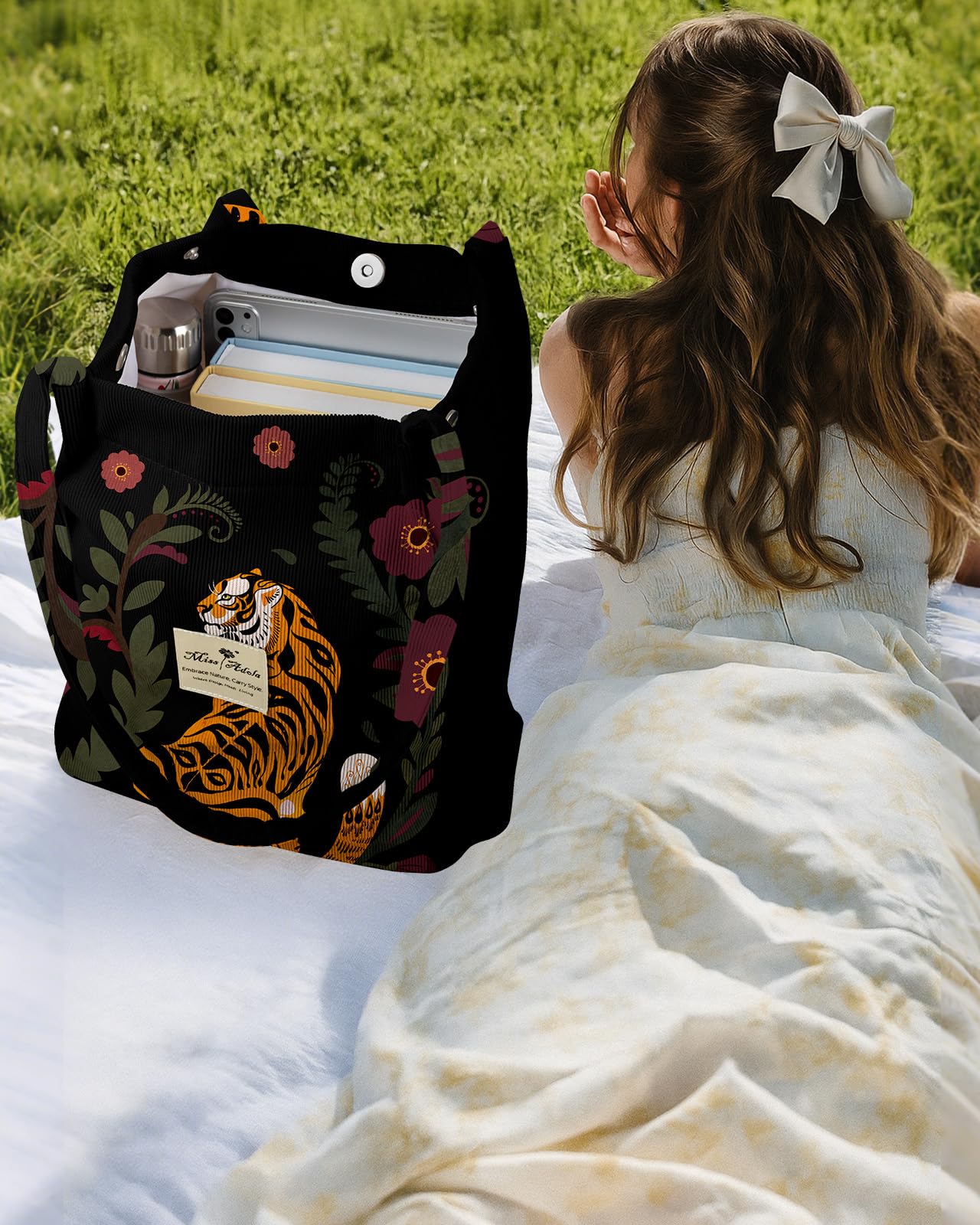 Miss Adola Cute Corduroy Tote Bag - Reusable Totes with Magnetic Buckle & Pocket Aesthetic Design Corduroy Women's Handbags for Work Travel Shopping Grocery Bags, Tiger Flower
