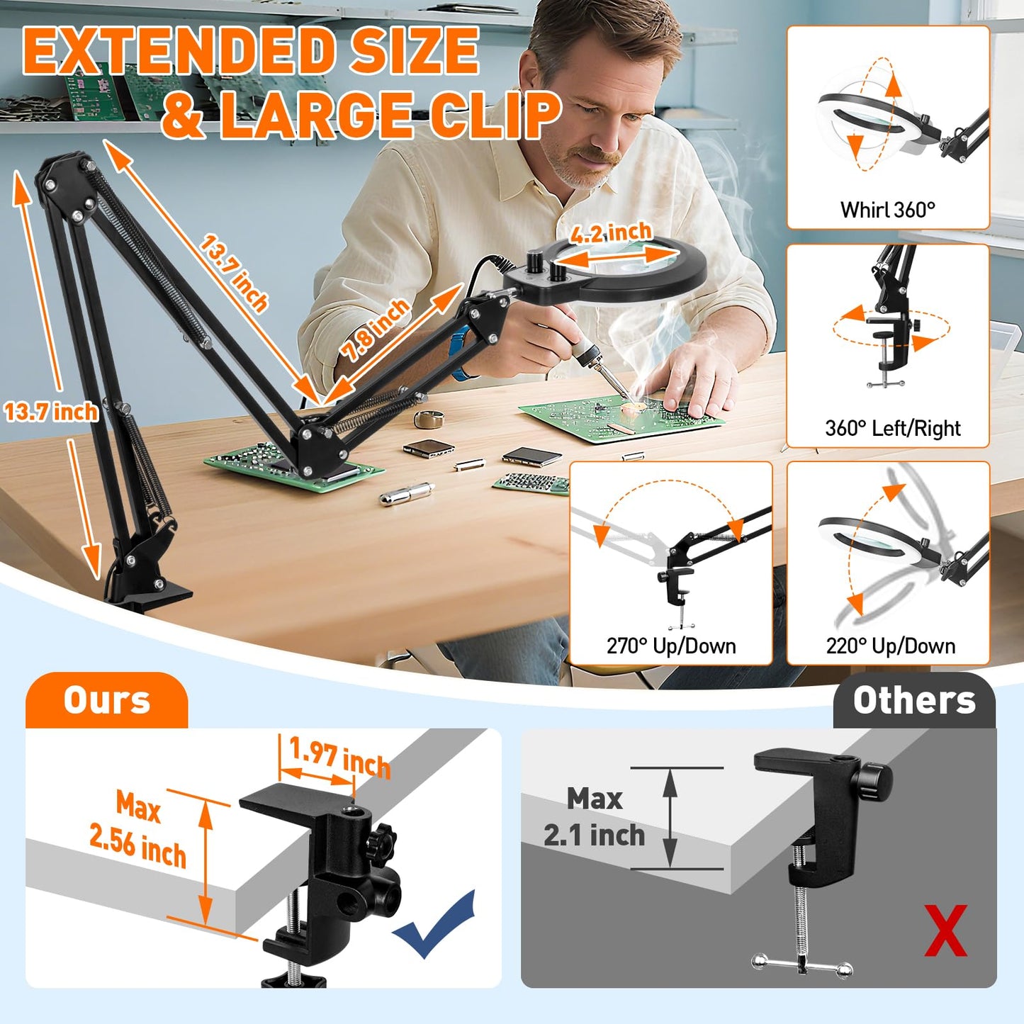 KIRKAS 12X & 30X Magnifying Glass with Light and Stand, Extra-Long Arm Magnifying Lamp Overhead Knob for Workbench, Craft, LED Lighted Magnifier Real Glass Lens Stepless Dimming and Color(35in Clamp)