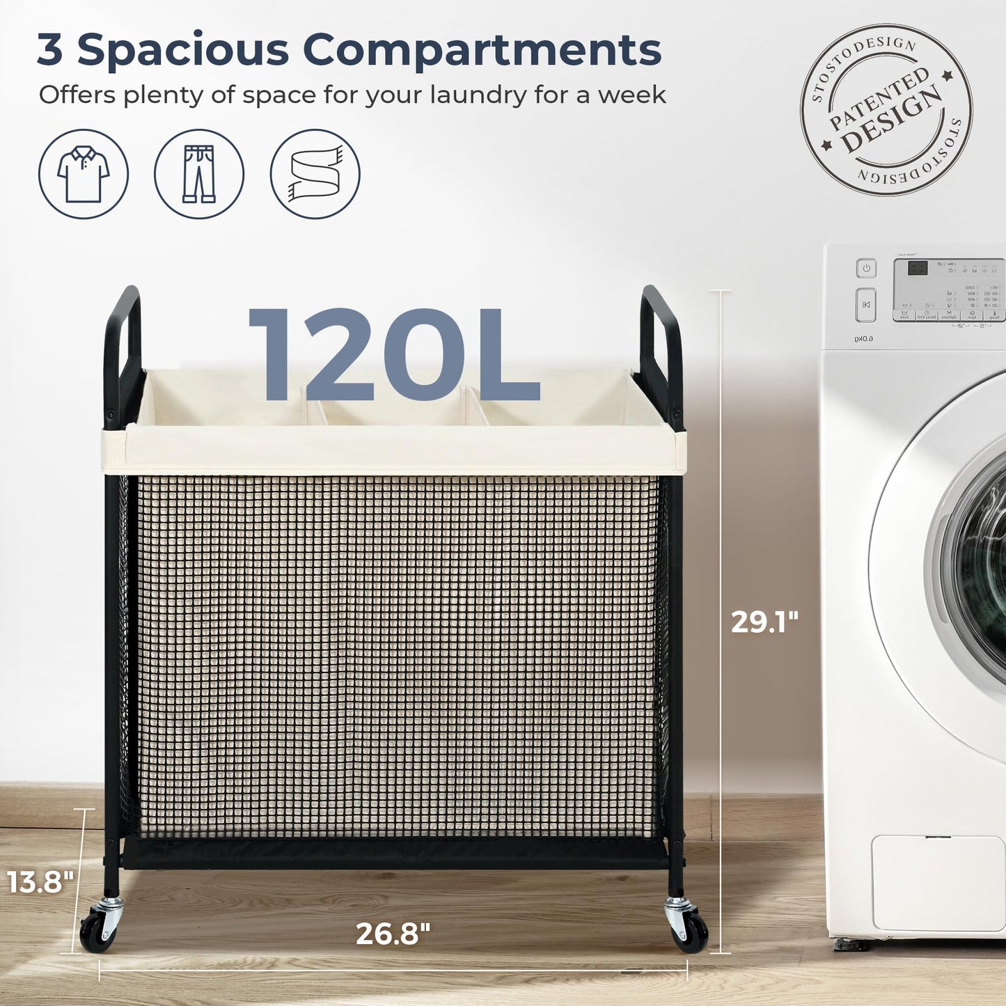STO STO Laundry Hamper 3 Section, 120L Rolling Laundry Sorter Cart with Removable and Washable Liner Bag, Clothes Hamper with Wheels and Metal Handle for Laundry Room and Bedroom
