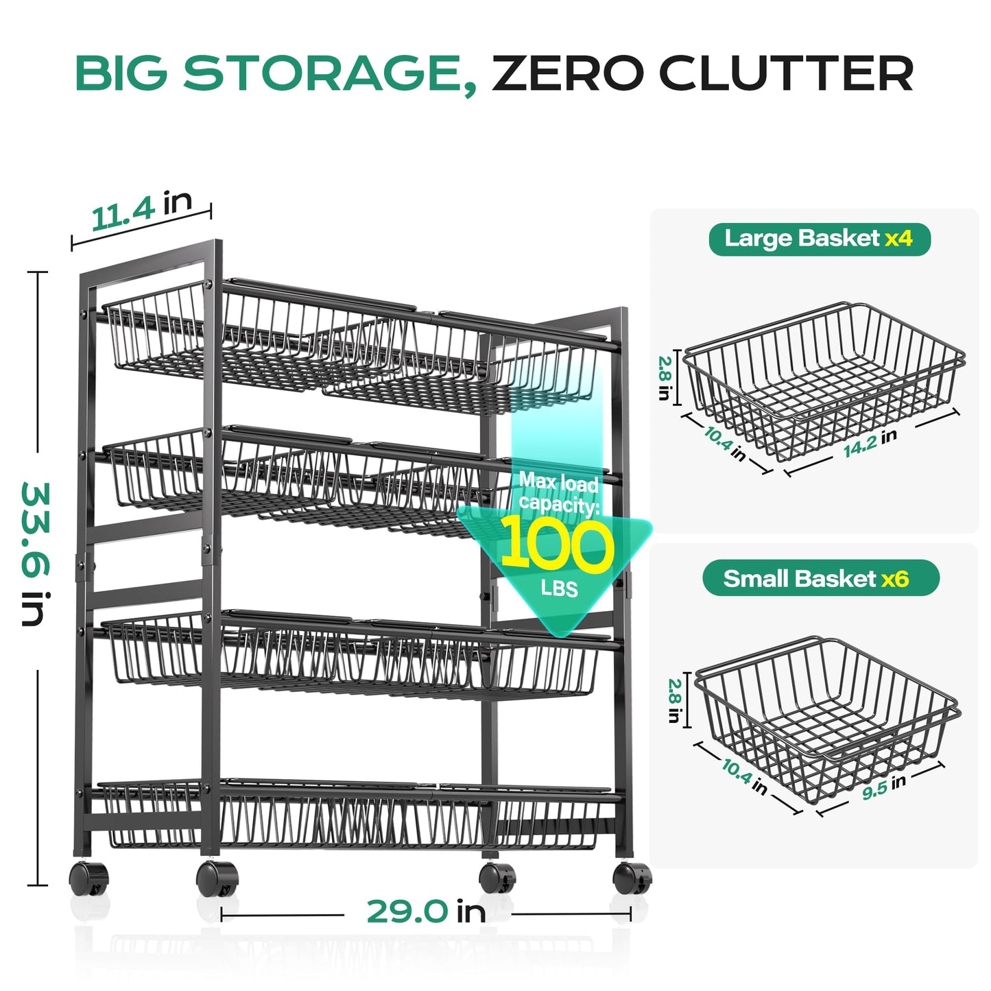Cinati 4-Tier Snack Cart with Wheels, 29''W Toy Storage Organizer, Rolling Pantry Storage Cart with 10 Wire Baskets & Handle,Adjustable Metal Snack Rack, Kitchen Organizer for Fruit, Vegetables(Black)