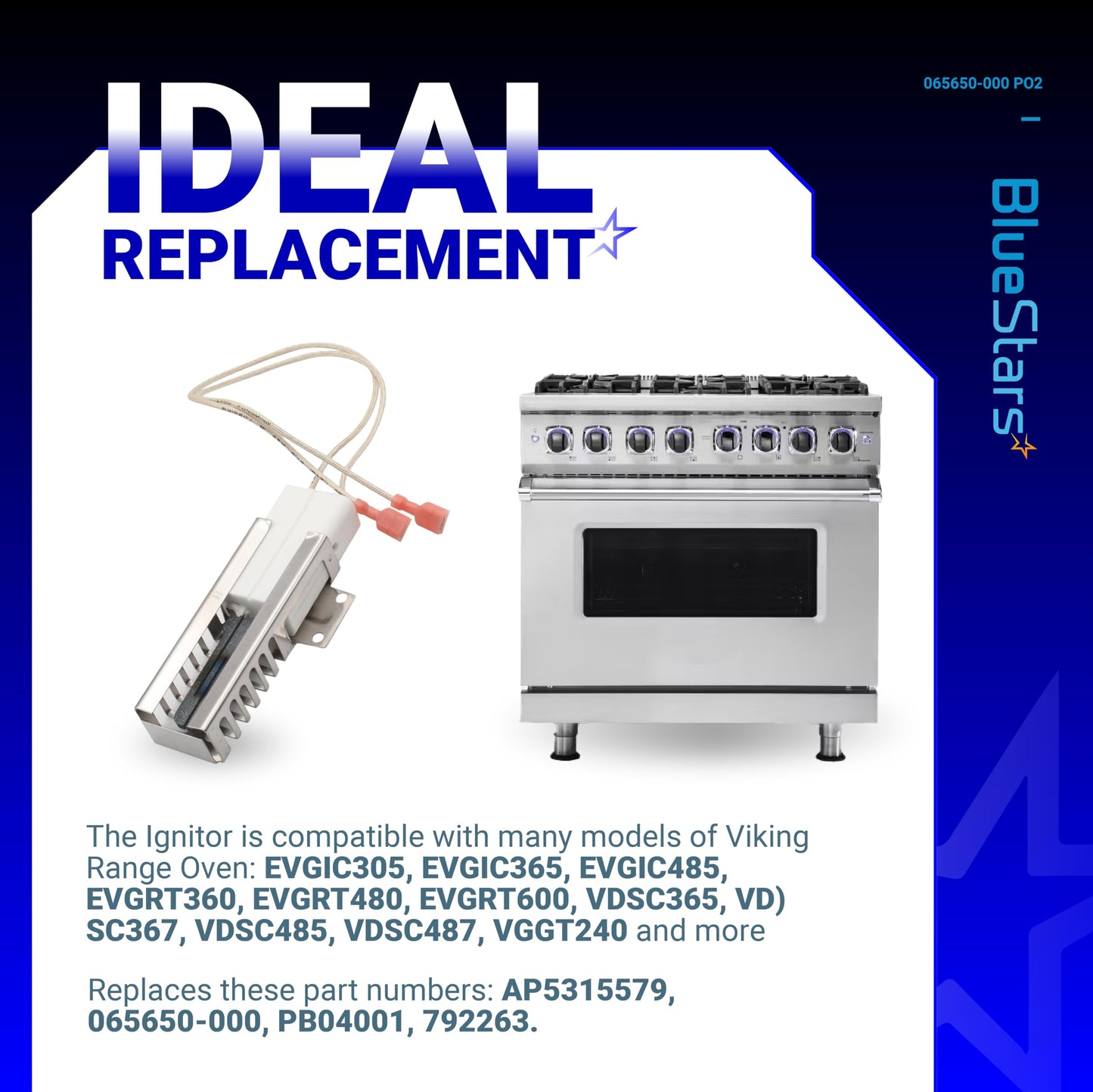 BlueStars 2 packs PB040001 065650-000 Range Oven Igniter compatible with Viking Range Oven Gas Stove - Replaces AP5315579 065650-000 SGR4001 792263-4 Ceramic Nuts included