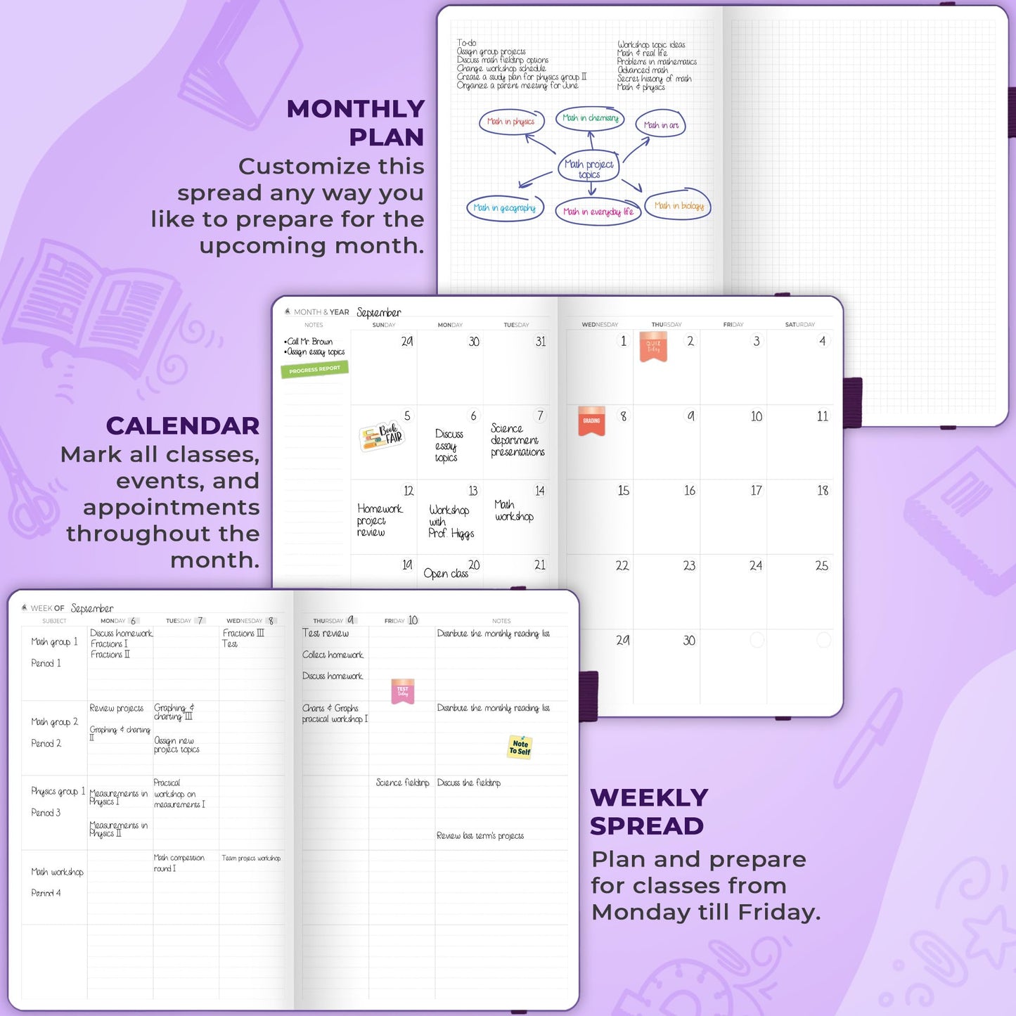 Clever Fox Teacher Planner – School Year Planner with Calendars & Lesson Plans – Book for Classroom & Homeschool Organization, A4 (Purple)