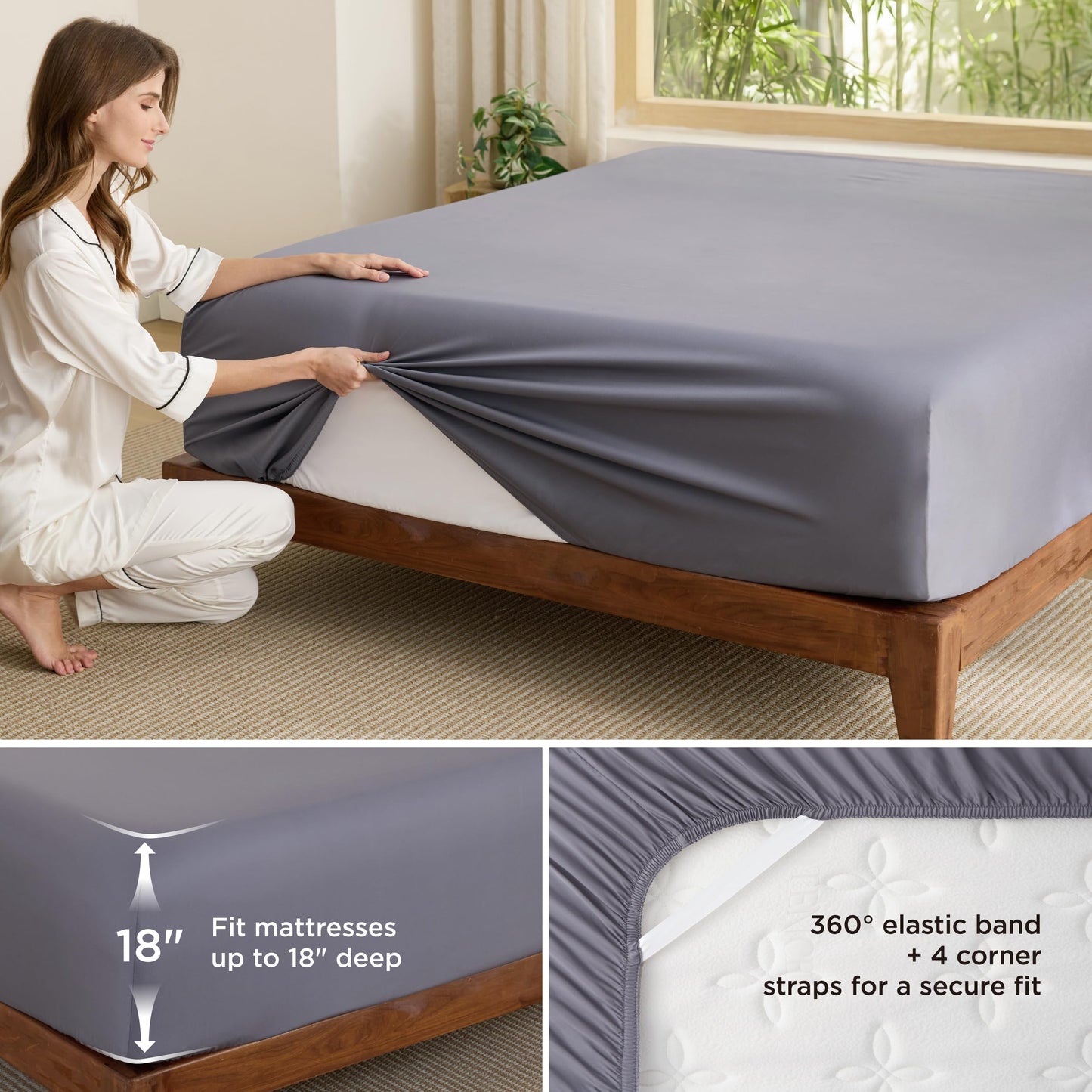 Bedsure Queen Fitted Sheet Only, 100% Rayon Derived from Bamboo, Breathable & Soft, PureWoven Cooling Bottom Sheet for Hot Sleepers, Deep Pocket Up to 18", with 4 Elastic Corner Straps, Grey