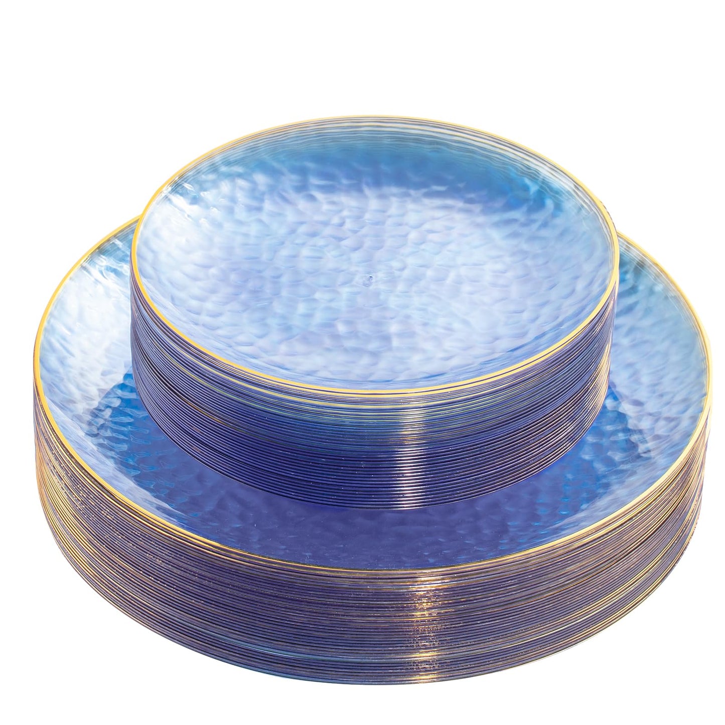 Rubtlamp 60Pcs Clear Blue Plastic Plates, Hammered Blue Plates, Clear Fancy Disposable Plates With Gold Rim Include 30 Dessert Plates, 30 Dinner Plates for Party