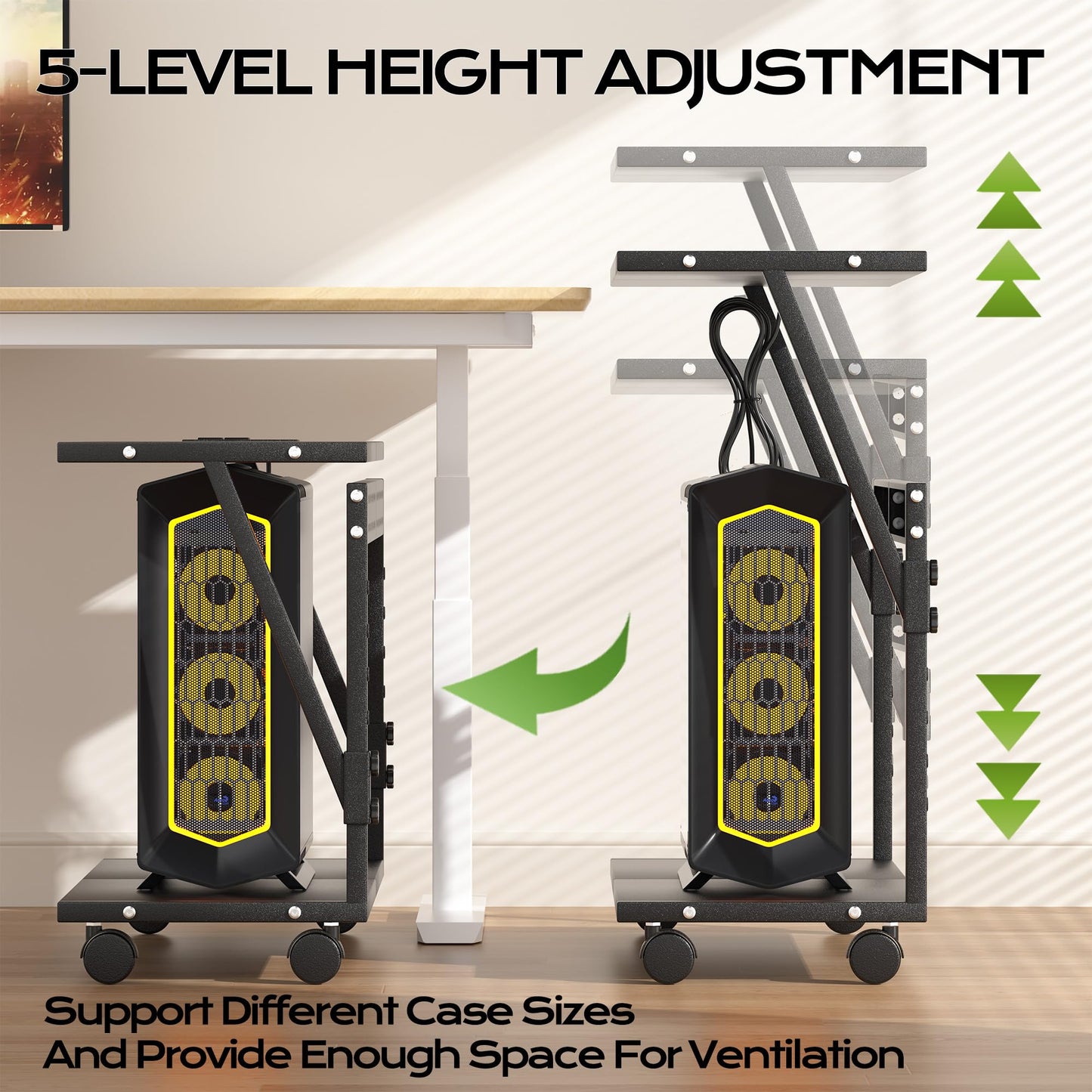 24In Large PC Stand, 5 Levels Height Adjustable Computer Tower Stand with Charging Station, Wheels and Hooks, CPU Holder Cart for Floor, Carpet and Under Desk, Easy Assembly（with Power Strips）