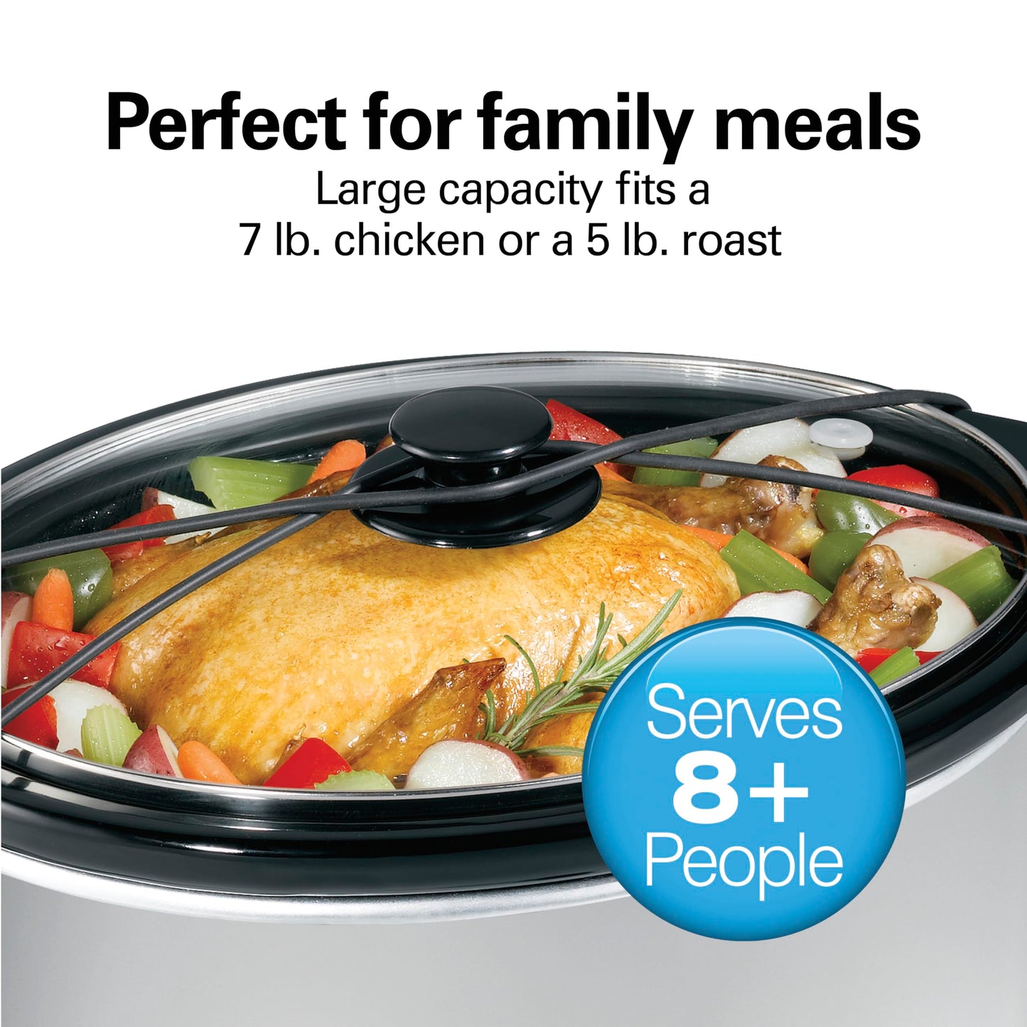 Hamilton Beach 7-Quart Portable Slow Cooker Serves 8+, Dishwasher Safe Crock, Lid Latch Strap for Travel, Brushed Silver