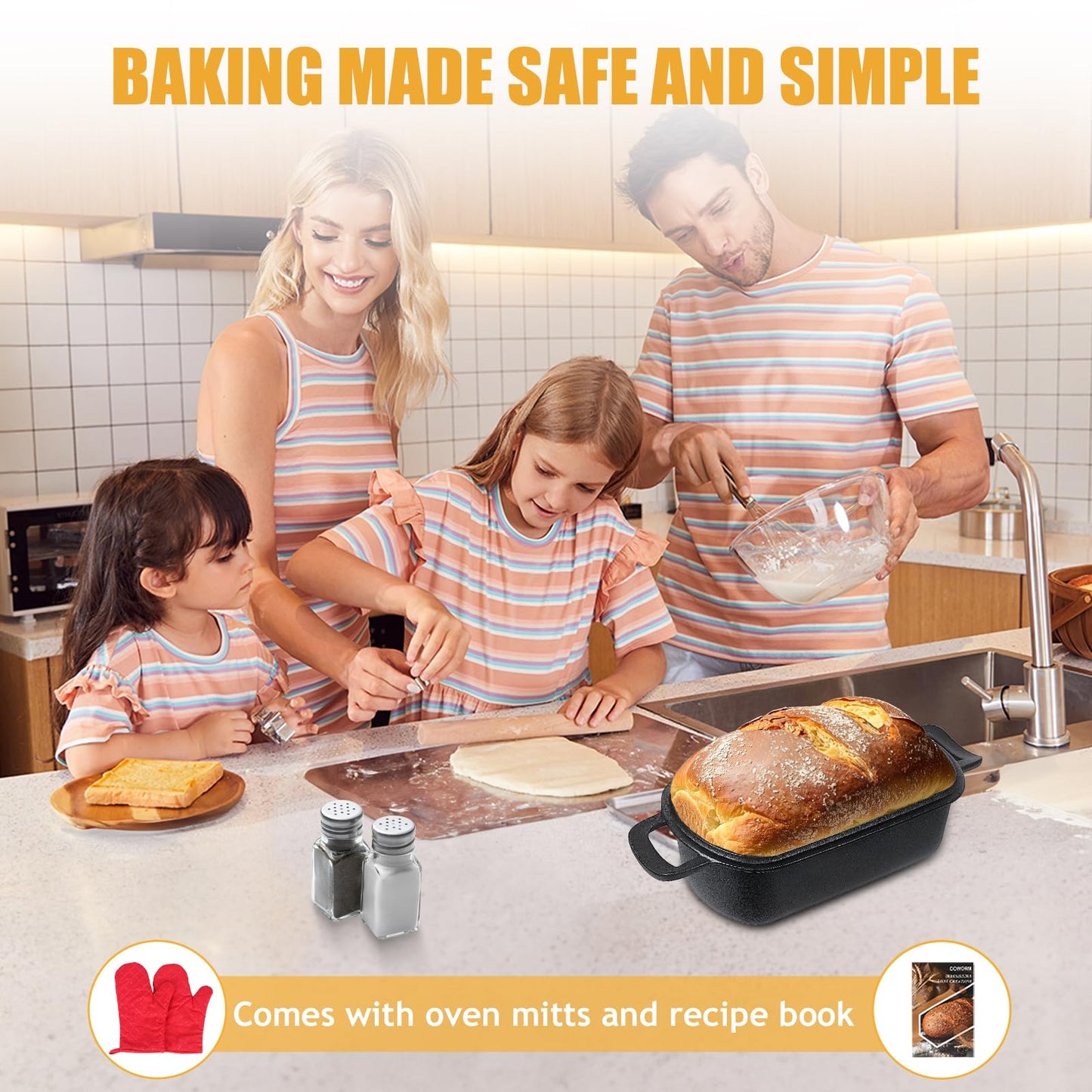 COWORM 10x5 Cast Iron Loaf Pan with Lid - 2 in 1 Bread Pans for Baking Homemade Sourdough Bread
