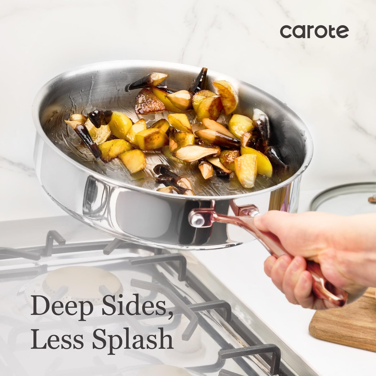 CAROTE 10" Tri-Ply Stainless Steel Deep Frying Pan with Lid, Non-Toxic Saute Pan, Oven Safe, Induction, Ceramic and Gas Cooktops Compatible, Silver