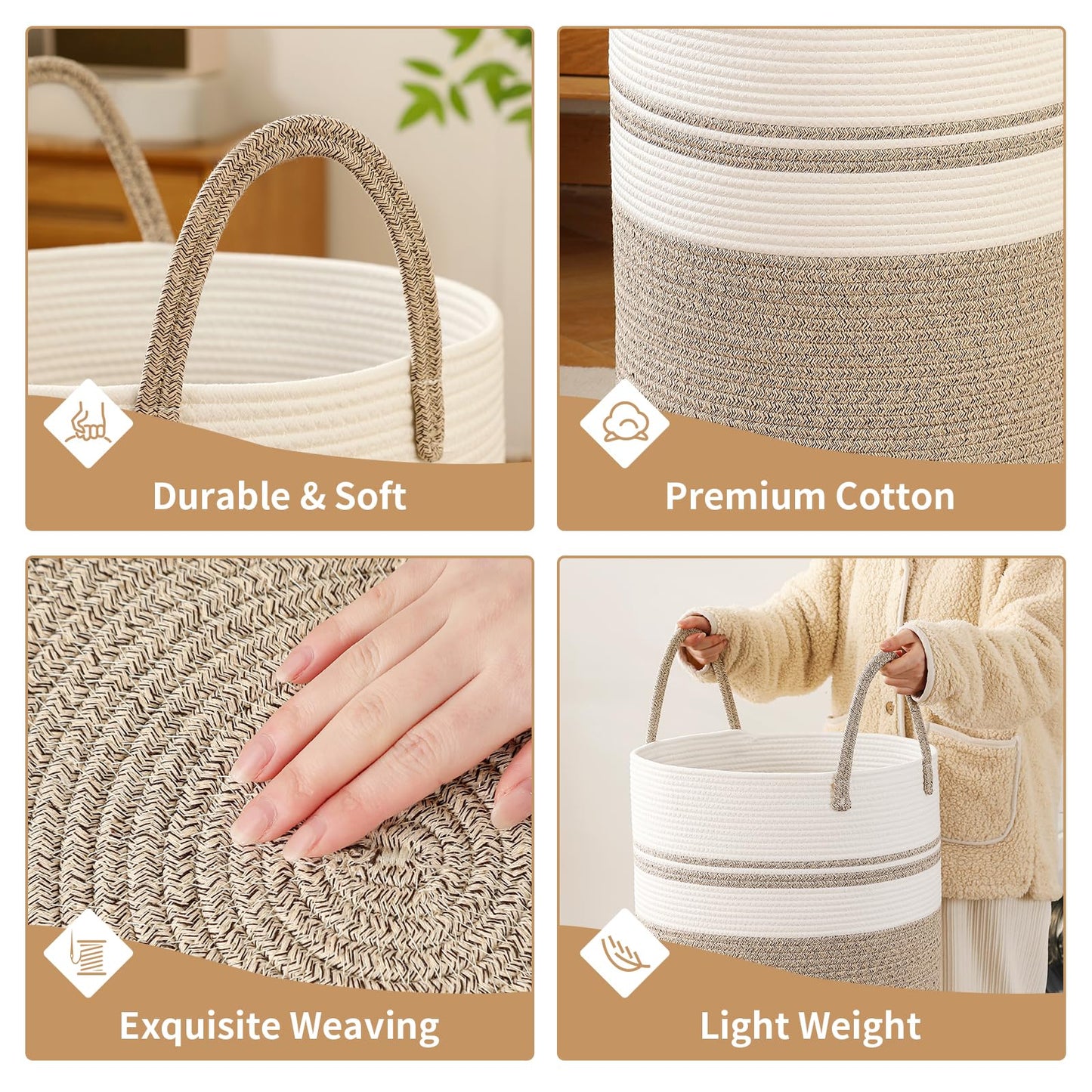 Laundry Basket Hamper Tall Rope Storage Woven for Blanket toys Dirty Clothes in Living Room Bathroom Bedroom (Brown&White, 80L/21.3Gal)