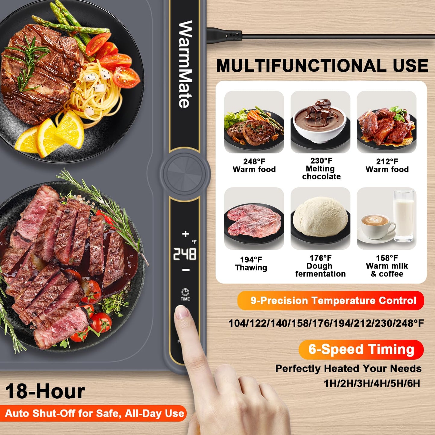 WarmMate Food Warming Mat，Electric Warming Tray with 9-Level Temperature Precision Control, 6H Timer,8s Full Surface Rapid Heating, Ideal for Buffets, Parties & Gatherings (Roll-Up Design，Dark Grey)