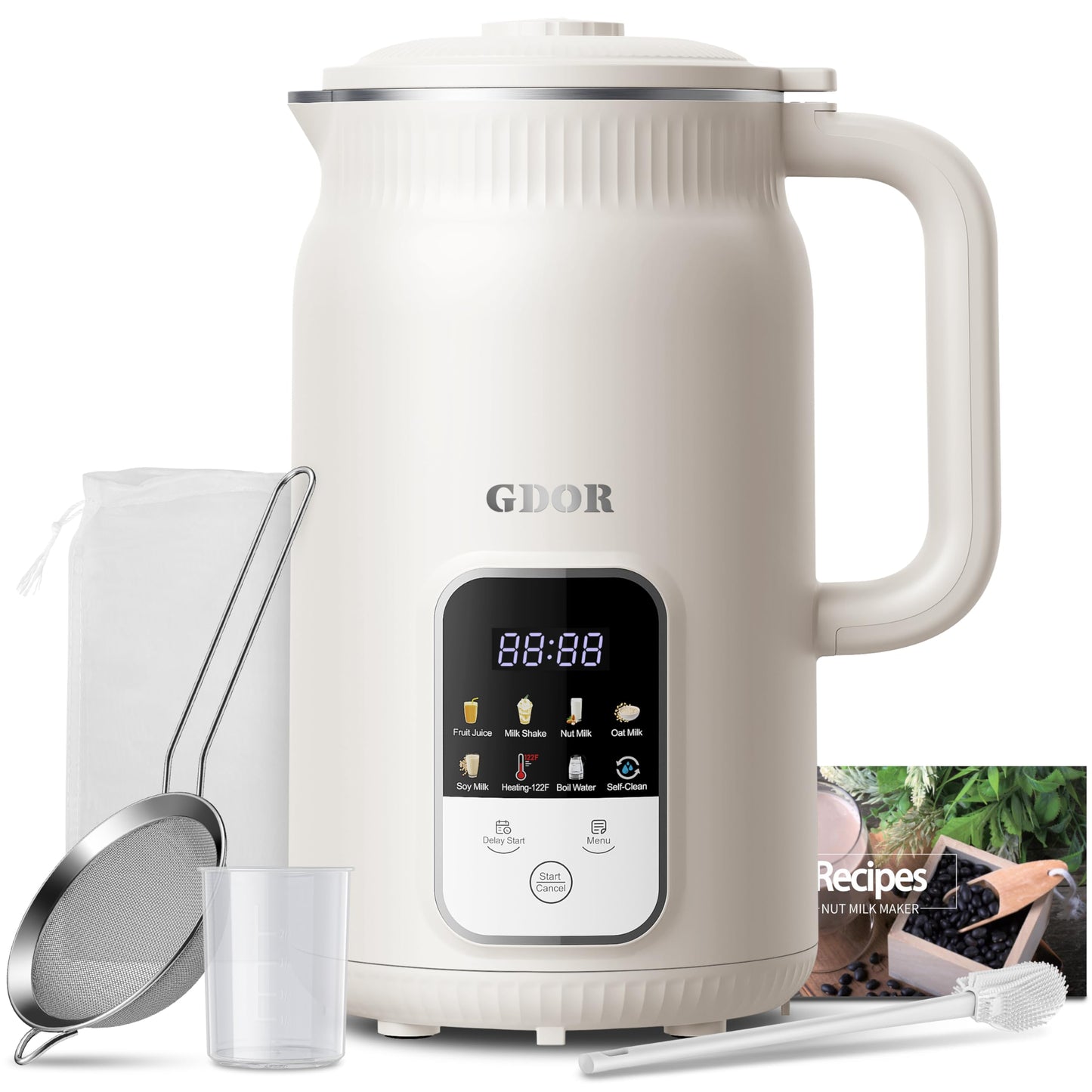 GDOR 35oz Nut Milk Maker, 9-in-1 Plant Milk Machine for Homemade Almond/Oat/Soy, Juice & Smoothie, Blender with 12 Stainless Steel Blades, Keep Warm, 12H Delay, Boil Water and Self-Cleaning