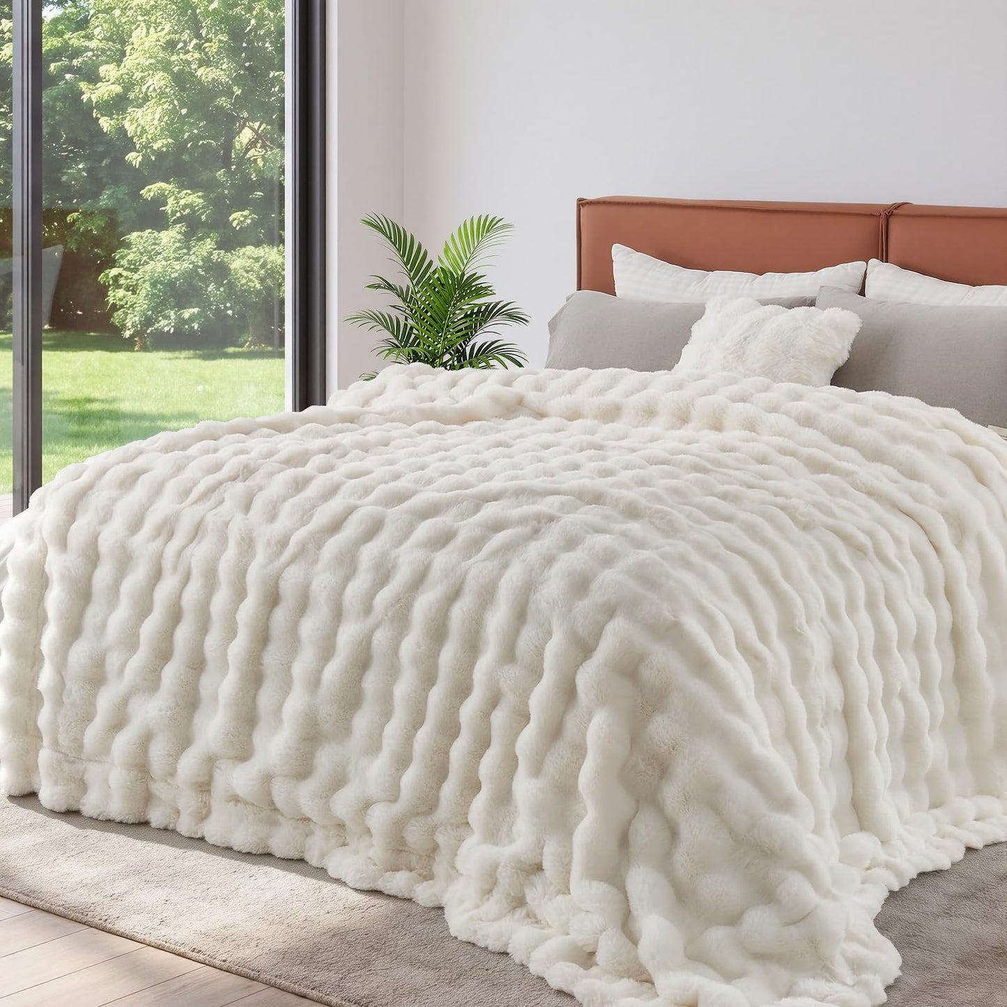 Lotus Karen Queen Size Faux Fur Blanket - Cream White Big Bubble Rabbit Fluff, 90x90 Inches