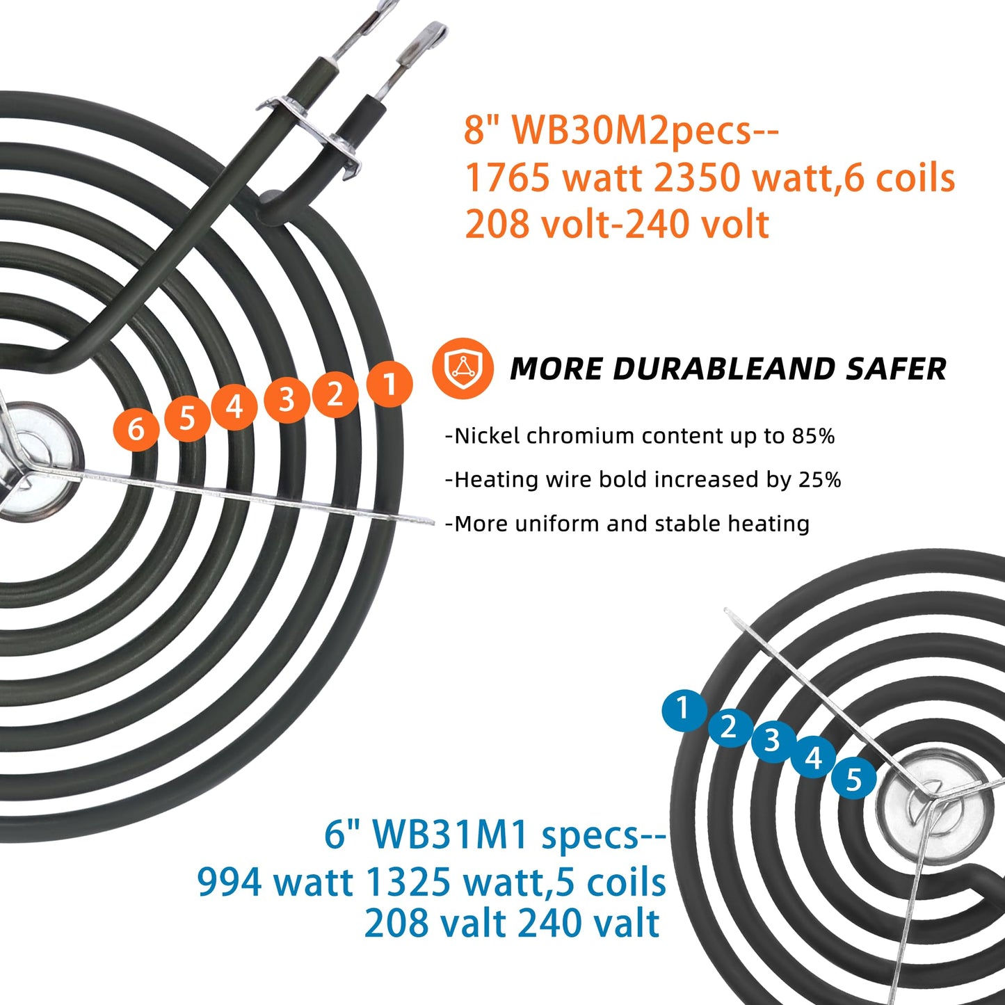 WB30M1 WB30M2 Electric Stove Burner Replacement 4Packs,Includes 2 WB30M1 (6") and 2 WB30M2 (8")-By MIFLUS,Compatible for G-E Hot-point Ken-more Range Stove Electric Burner