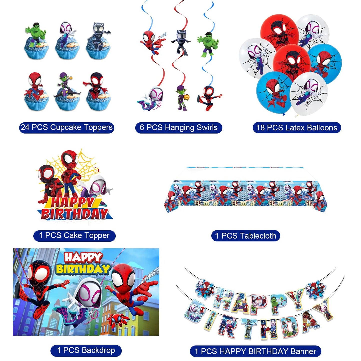 Spidey Birthday Decorations, Party Supplies Set Include Banner, Backdrop, Balloons, Hanging Swirls, Cake Cupcake Toppers, Tablecloth for Boys Girls Spidey Theme Party