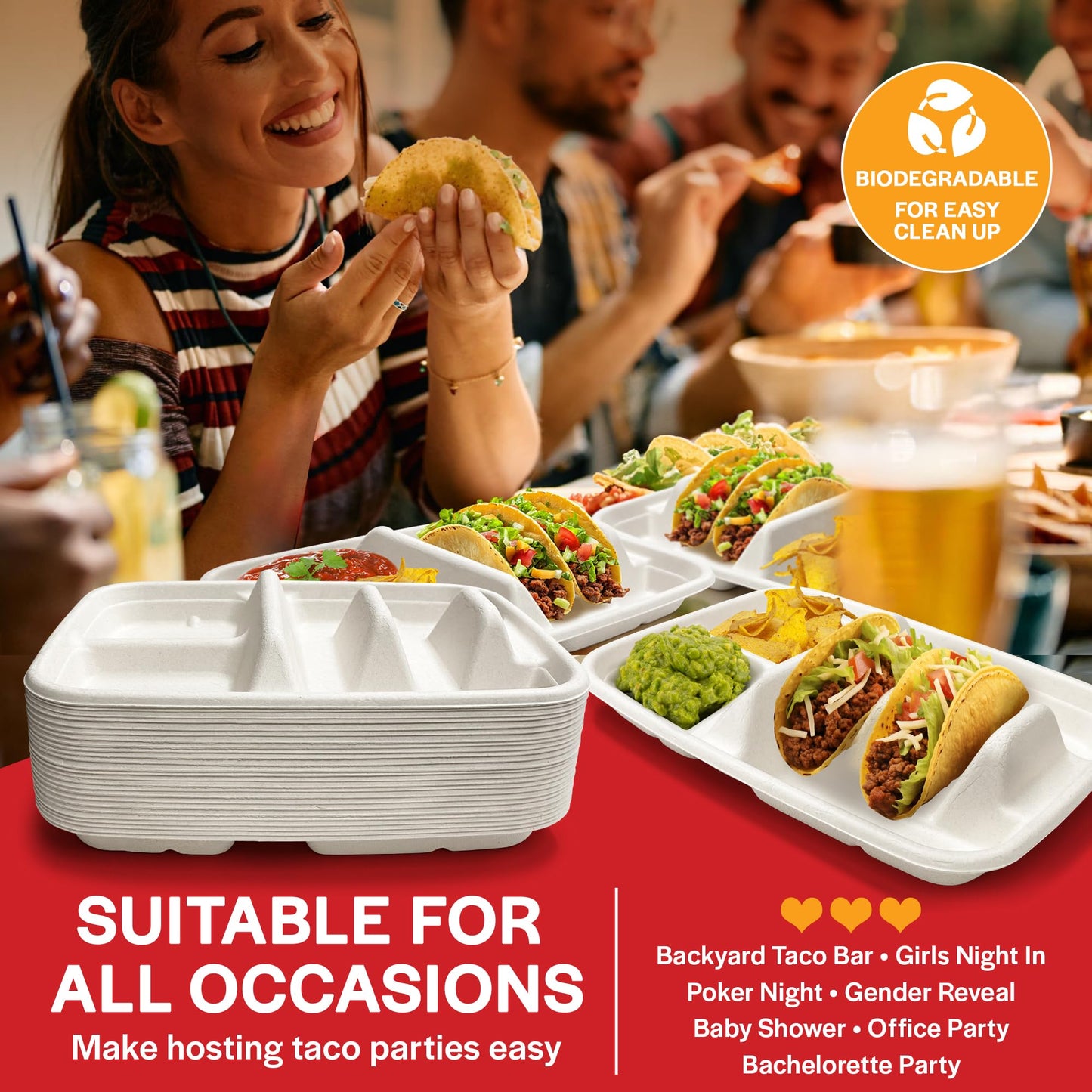 White Disposable Taco Plates for 2 Tacos & 2 Sides – 50 PACK | Premium Paper Plates with Dividers, Fiesta Taco Holder, Taco Stand for Taco Tuesday & Taco Bar Serving Set (White, 50 plates)