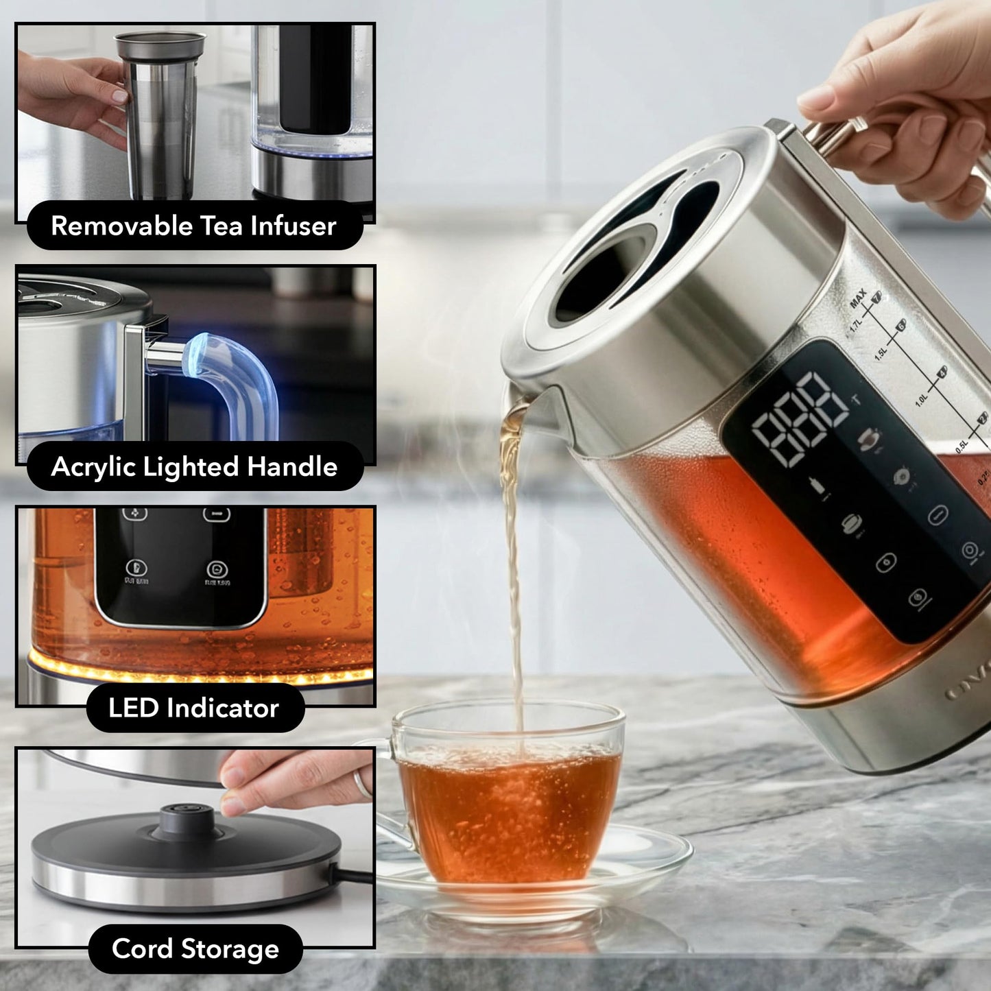 OVENTE Digital Glass Electric Tea Kettle 1.7L with Color-Changing LED Lights Temperature Control, Double-Wall Cool Touch, 4 Presets, Keep Warm, Tea Infuser & Boil-Dry Protection, Silver KGD913S