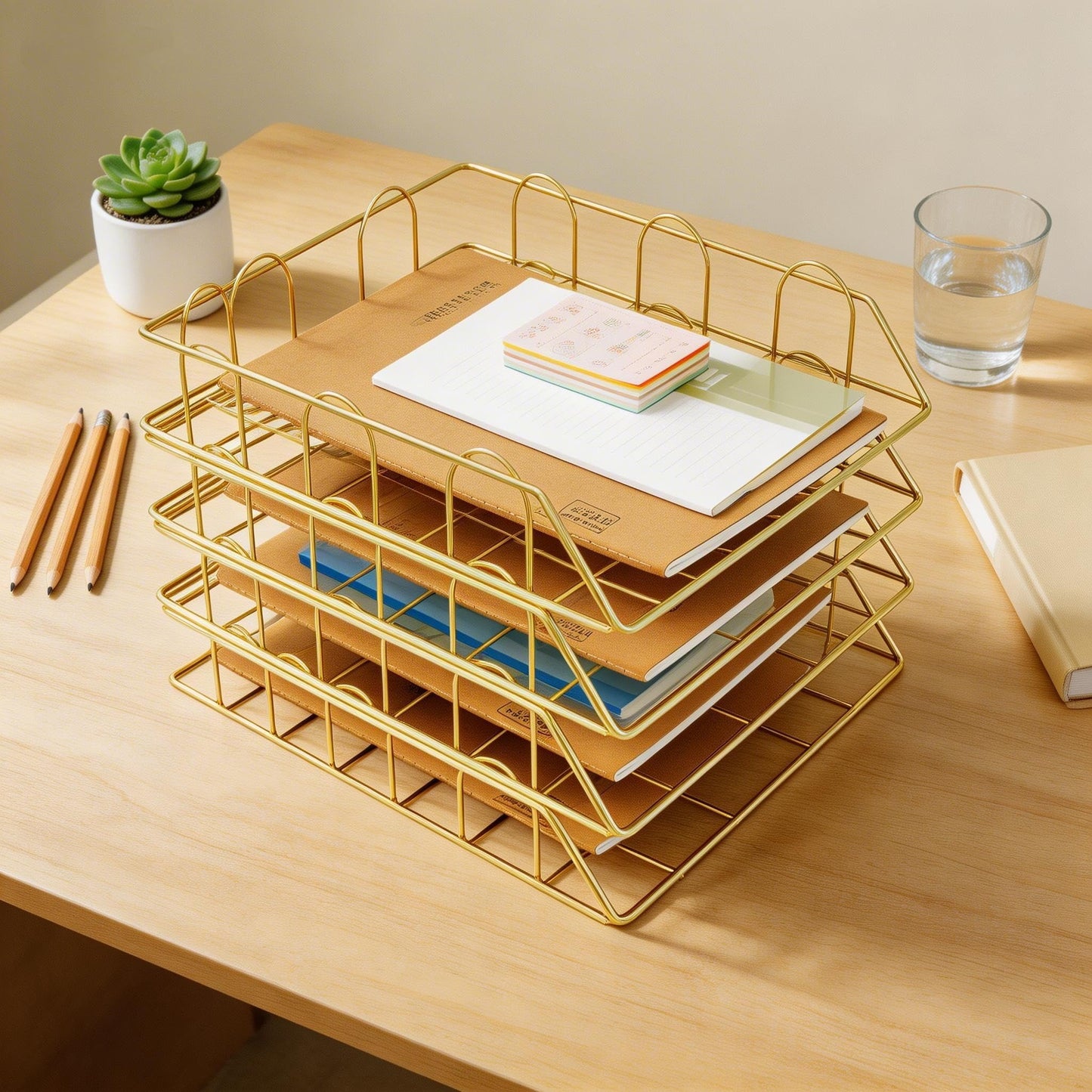 JIARI 4 Pack Desk Organizer Stackable Letter Tray Paper Organizer, Metal Desk Organizer Tray for Letter/A4 Paper Storage, for Office Supplies (Gold 4 Pack)