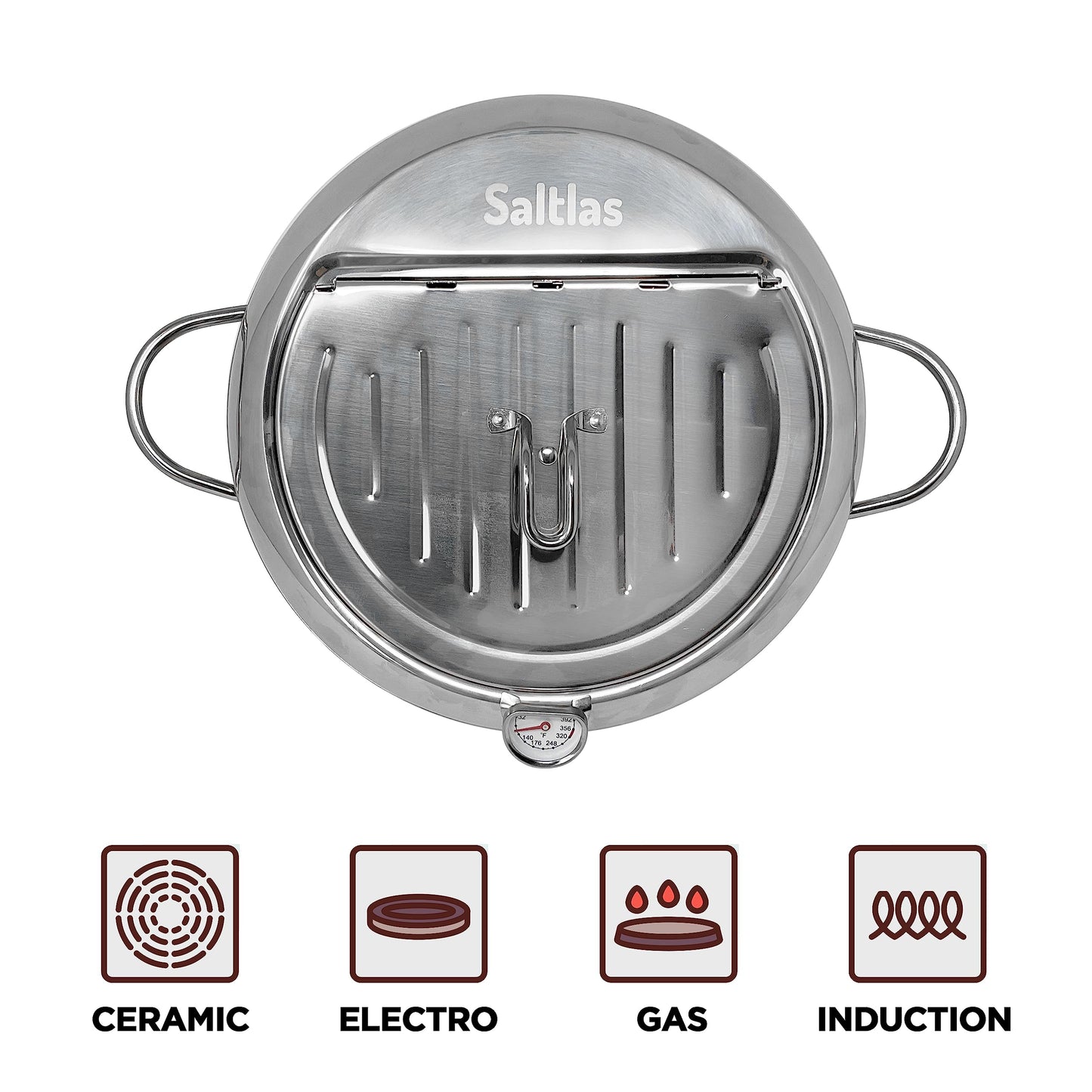Saltlas Deep Fryer Pot (°F), 11"/4.4Qt (4.2 L) Extra Large Tempura Frying Pot with Lid, 304 Stainless Steel Fry Pot with Fahrenheit Thermometer and Oil Drip Drain Rack