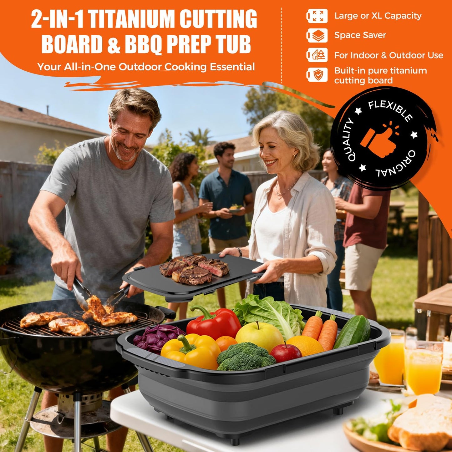 Collapsible BBQ Prep Tubs with Titanium Cutting Board, Large-Capacity（5.3Gal/20L）Barbecue Utensils, with Locking Lid, Strong Sealing and Leak-Proof Design. Suitable for Kitchen and Outdoor.