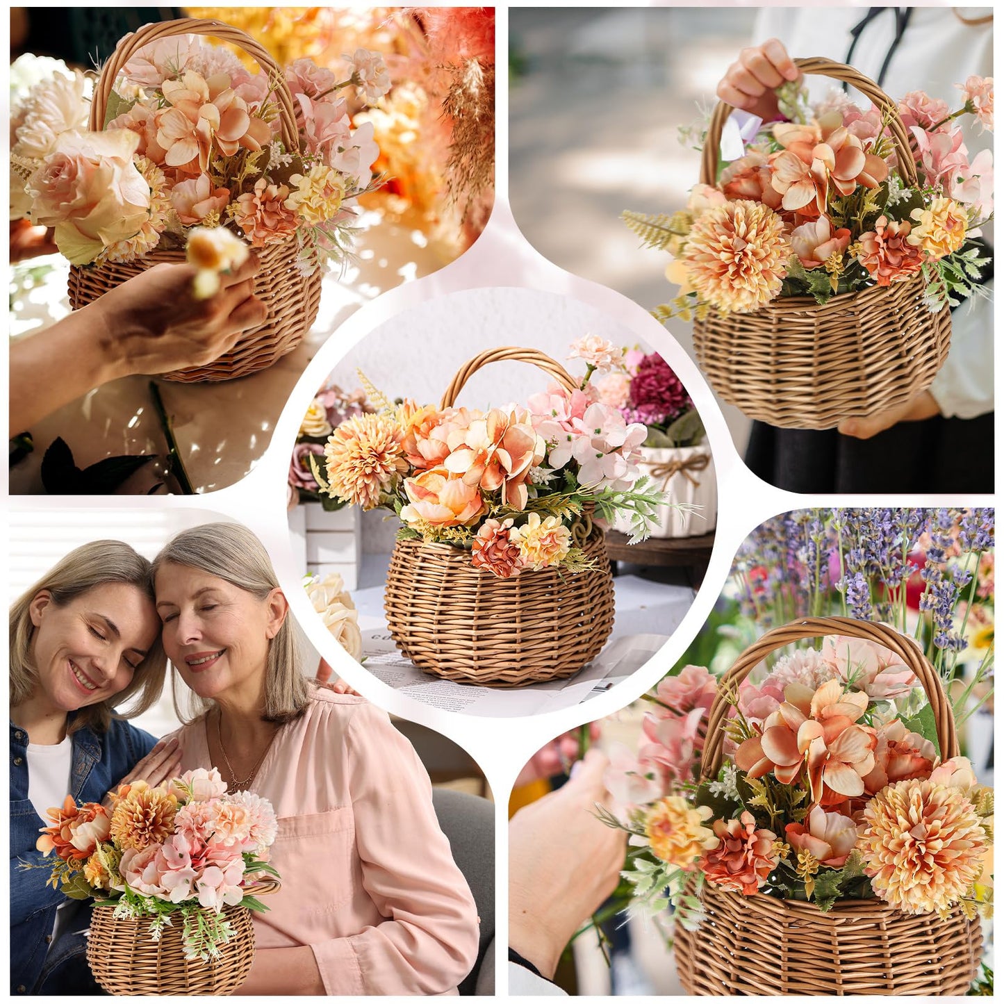 Weysat 2 Pcs Small Flower Girl Basket with Handle Wicker Rattan Flower Basket Set, Rustic, Hand Woven for Wedding Girl Home Decorations Picnic Garden Candy Sweets Gifts Storage, Multifunctional