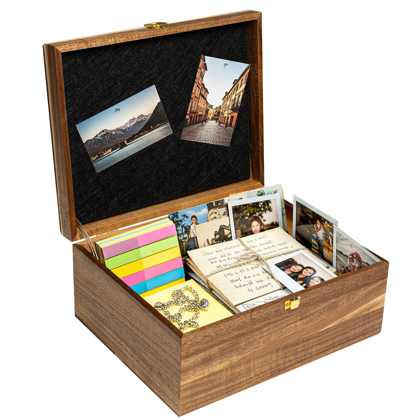 Keepsake Box – Wooden Keepsake Memory Box with Hinged Lid, Tree of Life Engraving, Large Acacia Wood Box 11"x8.6"x5", Felt Photo Board, Secure Latch – Storage for Photos, Letters, Jewelry, Crafts