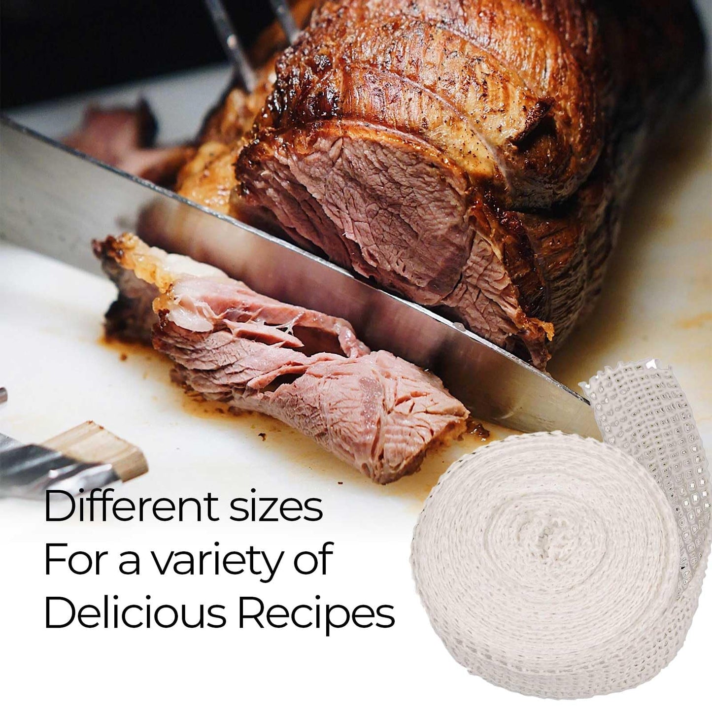 The Sausage Maker® 50ft Meat Netting Roll Size 32, Elastic Butchers Twine Cooking String Food Net For Large Roasts, Turkey, Strip Loins, USA Made, BPA Free Stretchable Poly-Cotton Mesh, 9" Dia