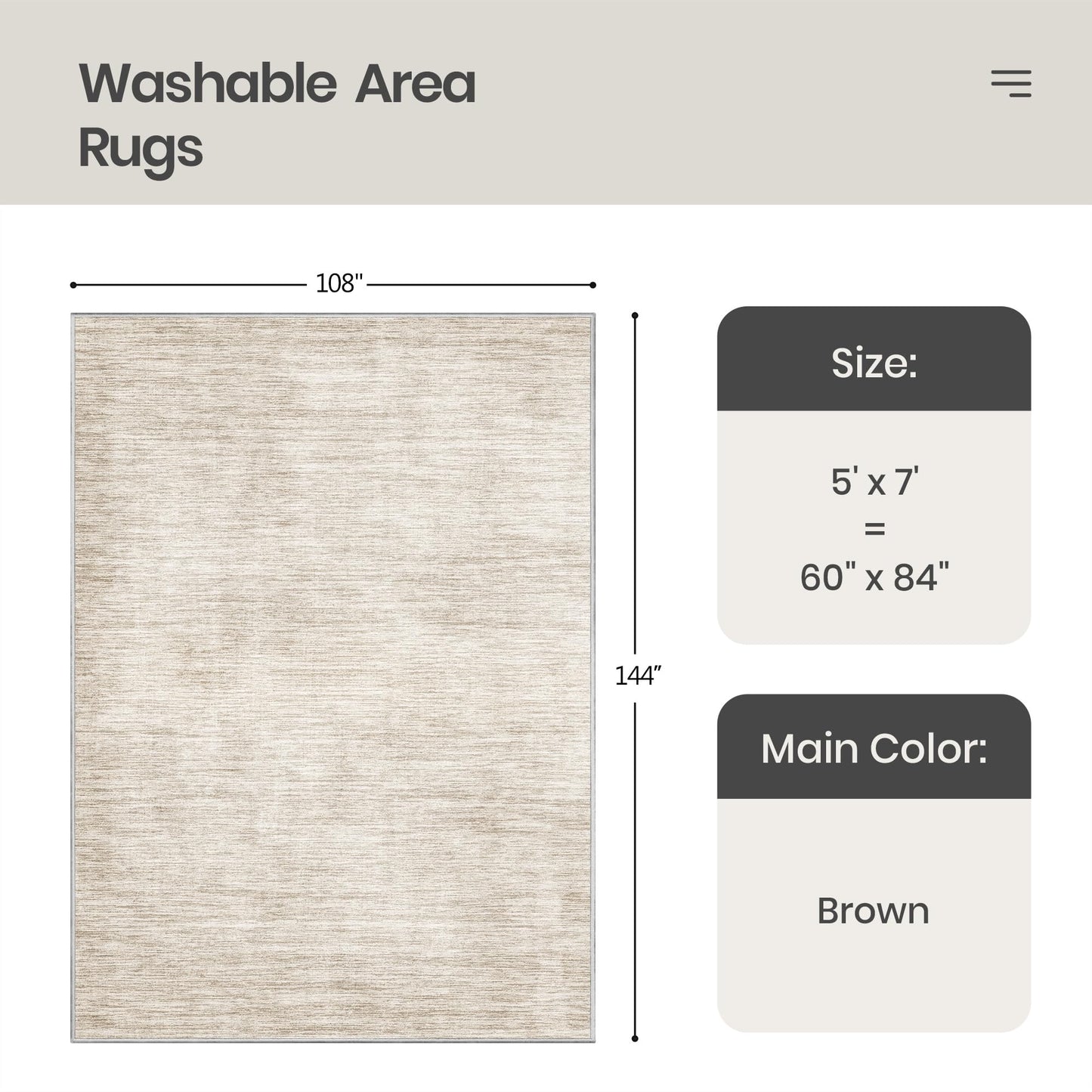 Valenrug Washable Rugs 5x7 - Non Slip 5x7 Area Rugs for Living Room, Stain Resistant Area Rugs for Bedroom, Foldable Machine Washable Area Rug(5'x7', Brown)