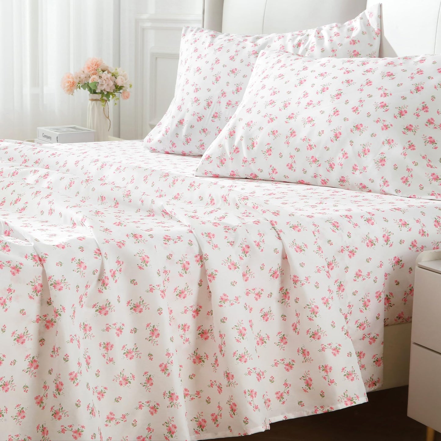 MUXHOMO Queen Size 4 Piece Sheet Set, Soft Breathable Bed Sheet Set for Bedroom with Deep Pocket Up to 16", Wrinkle-Free & Cooling Bedding for Oeko-TEX Certified - Blossoms Pink