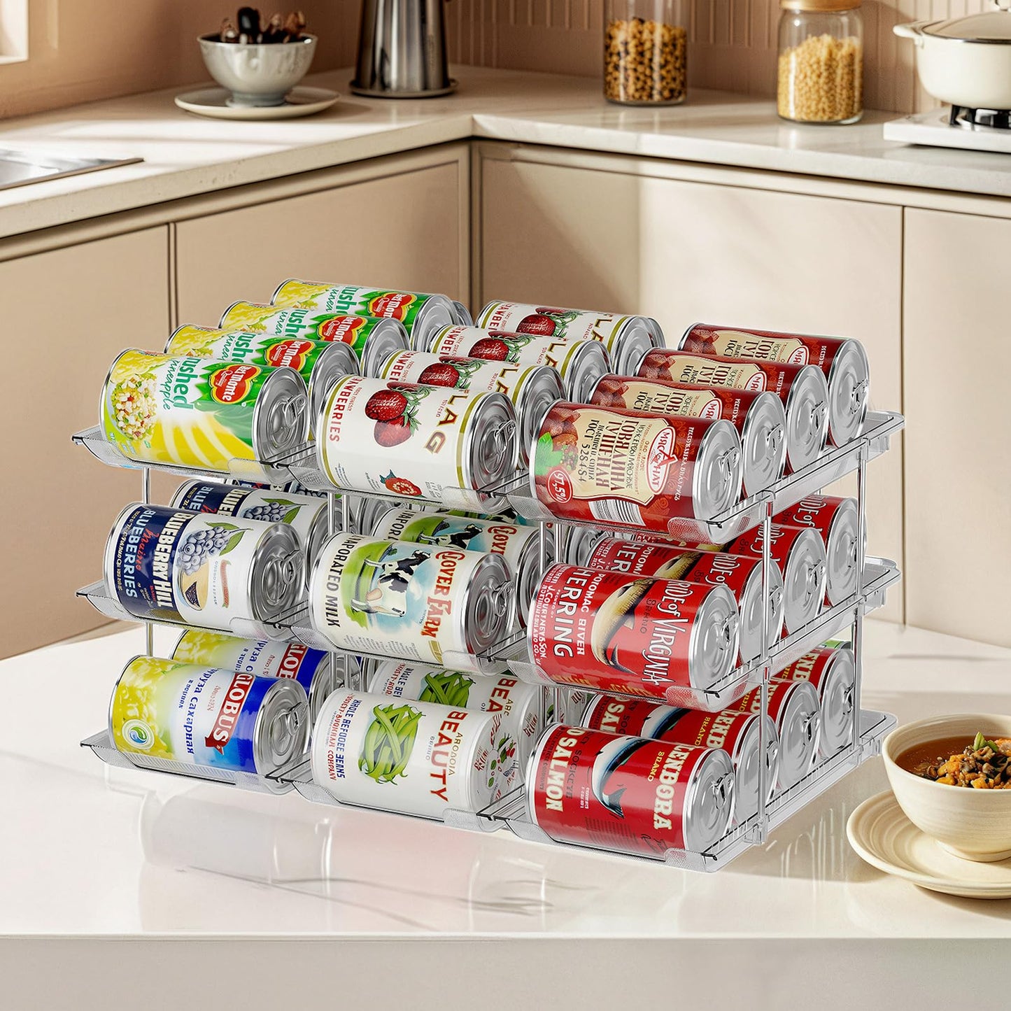 Can Organizer for Pantry, Upgraded Thickened Modular 3-Tier Combinable Can Storage and Beverage Dispenser Rack,Canned Food Organizer Rack Holds 36 Cans, Clear Can Holders for Pantry and Fridge